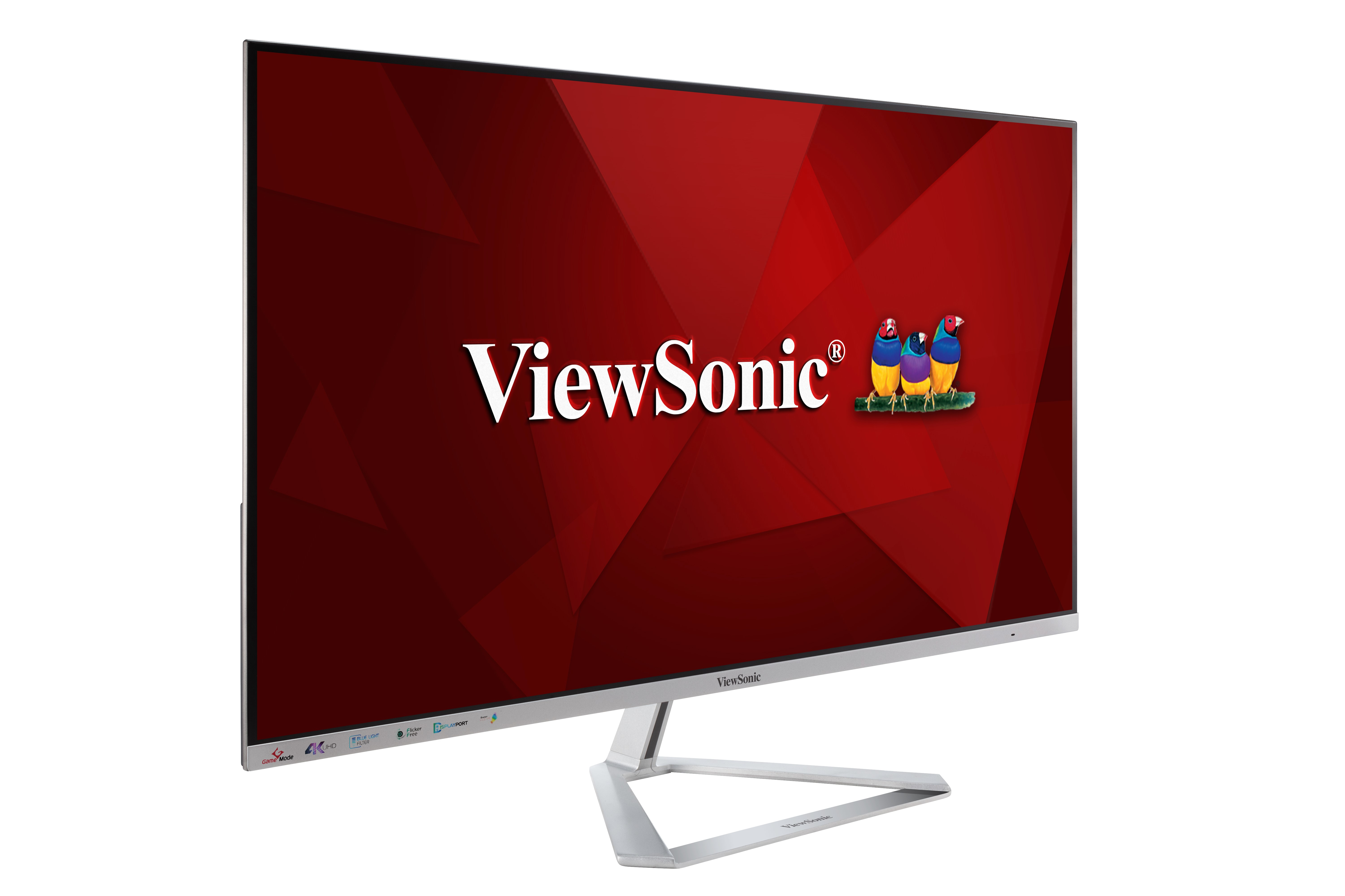 Monitor ViewSonic z logo i czerwonym tłem. Ma srebrną podstawę i ramę.