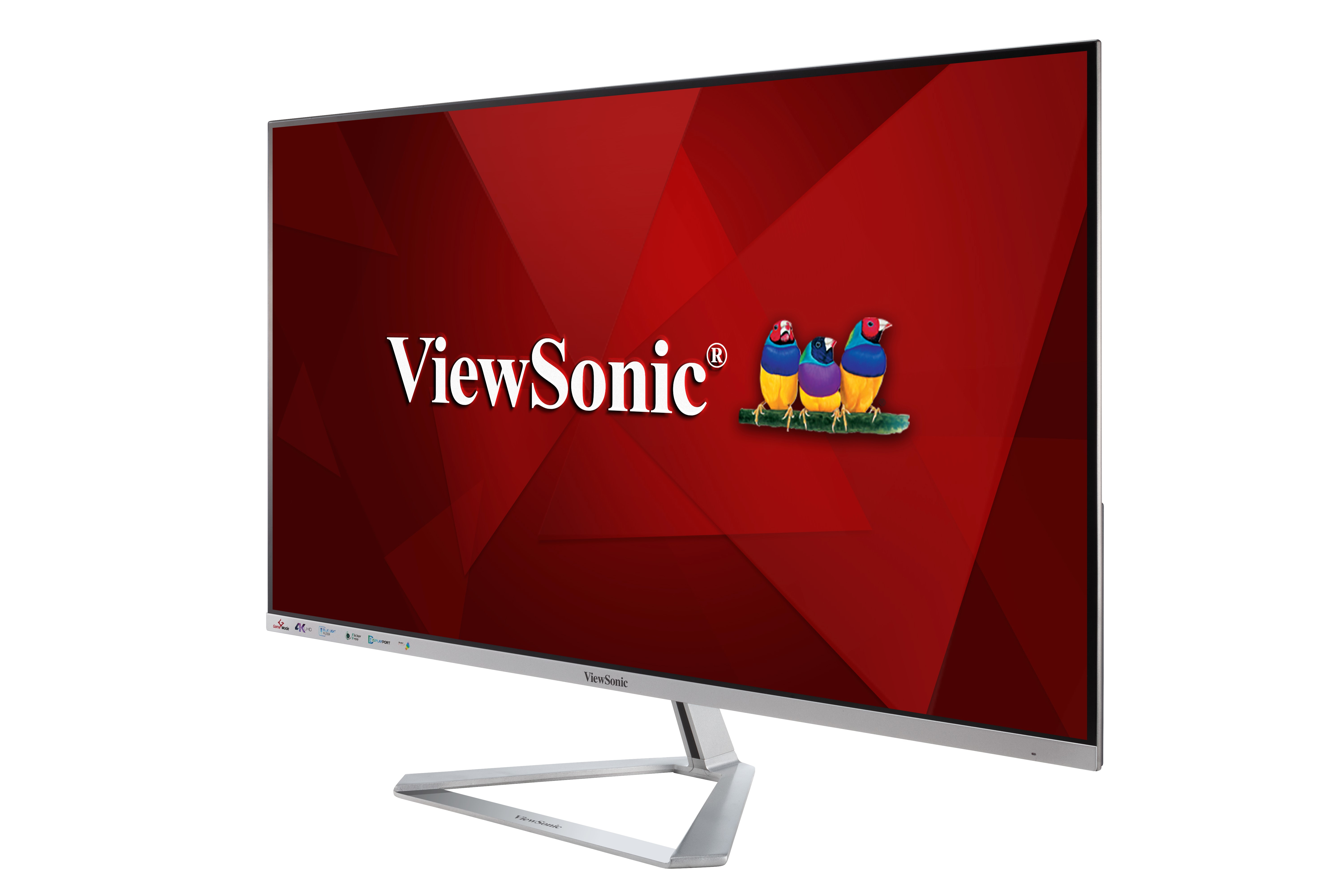 Monitor ViewSonic z czerwonym logo, wyświetlający kolorowy ekran z ptakami. Monitor na białym tle.