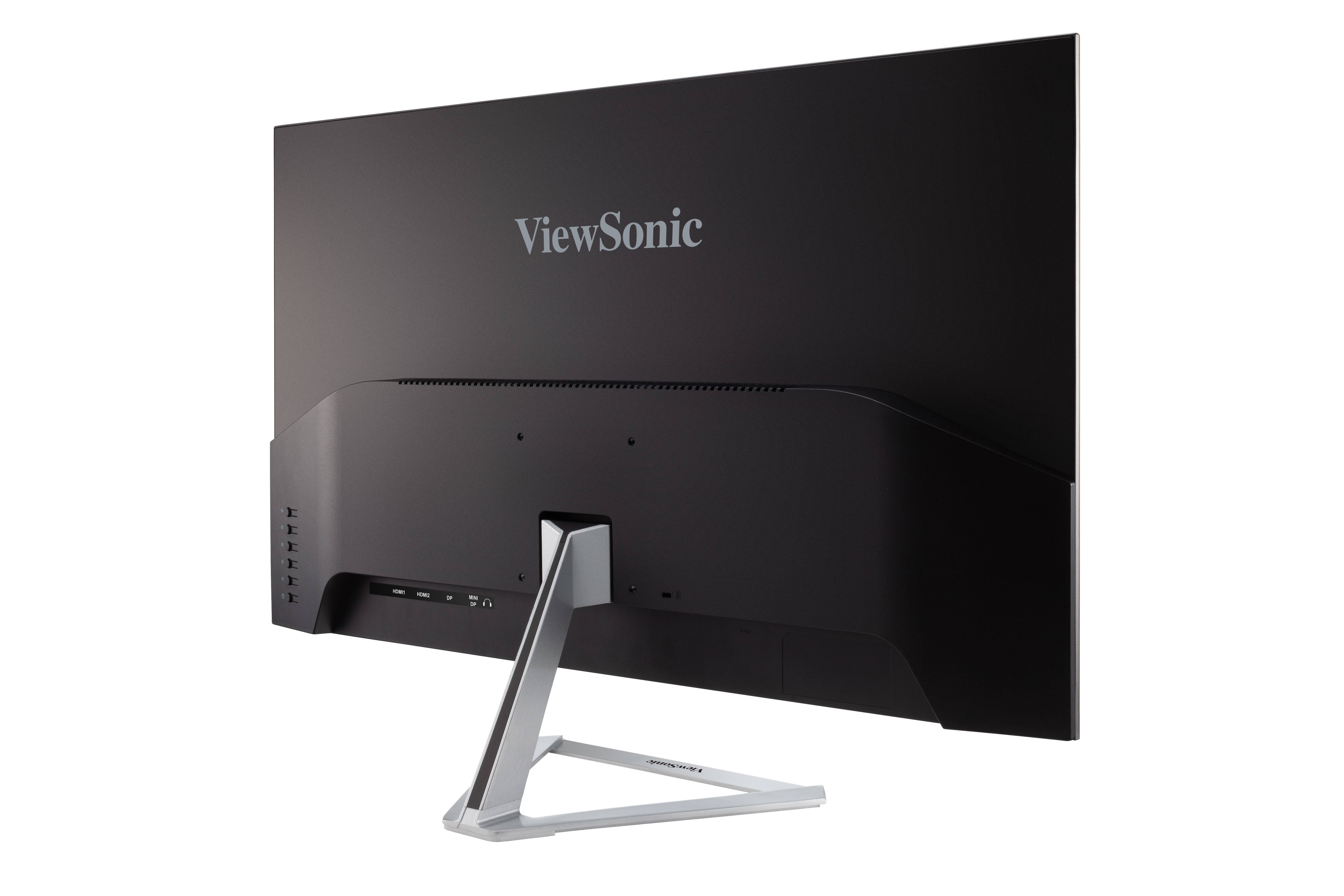 Widok z tyłu czarnego monitora z logo ViewSonic. Ma srebrną podstawę.