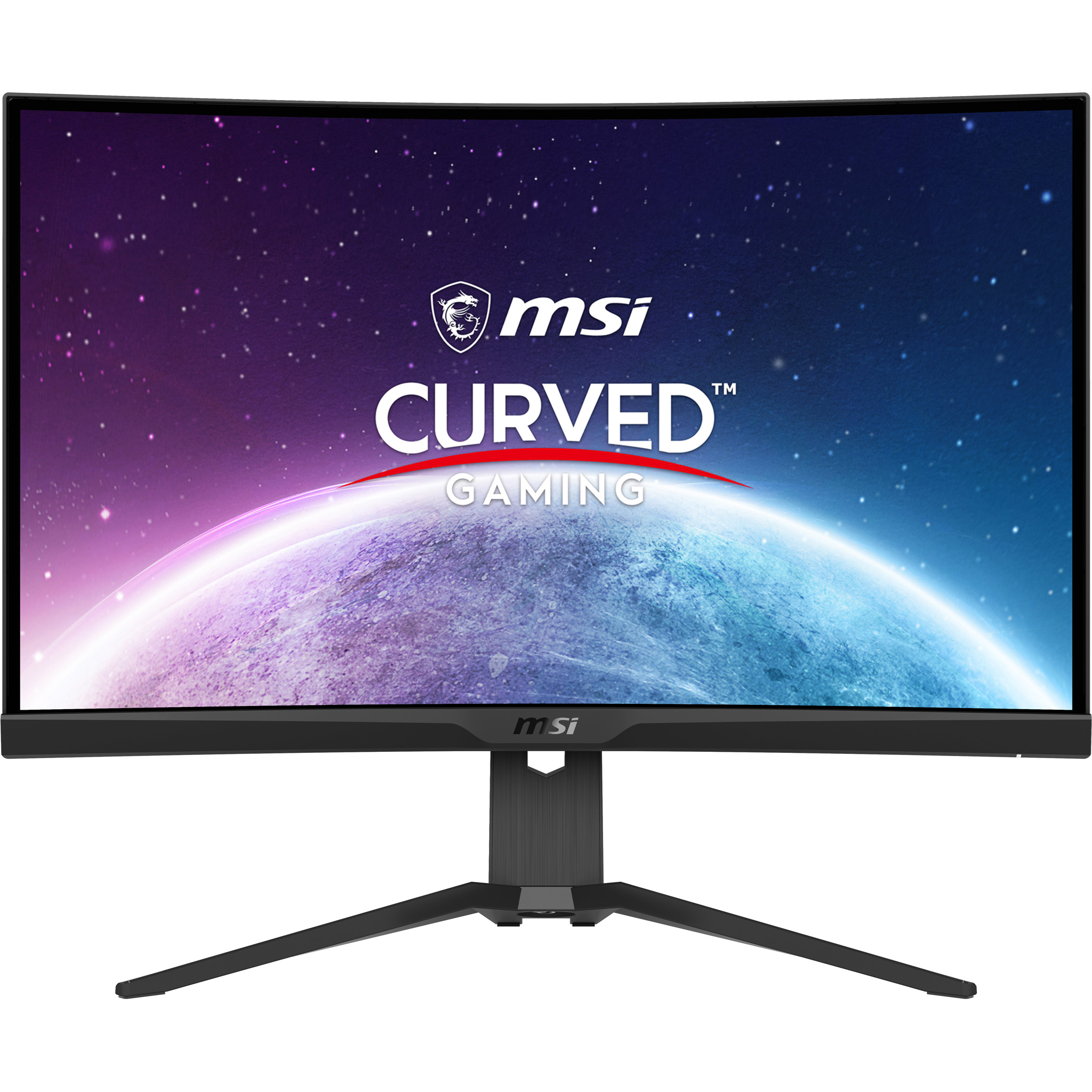 Monitor gaming curvo MSI. Mostra una scena spaziale. Supporto nero. Sfondo bianco.