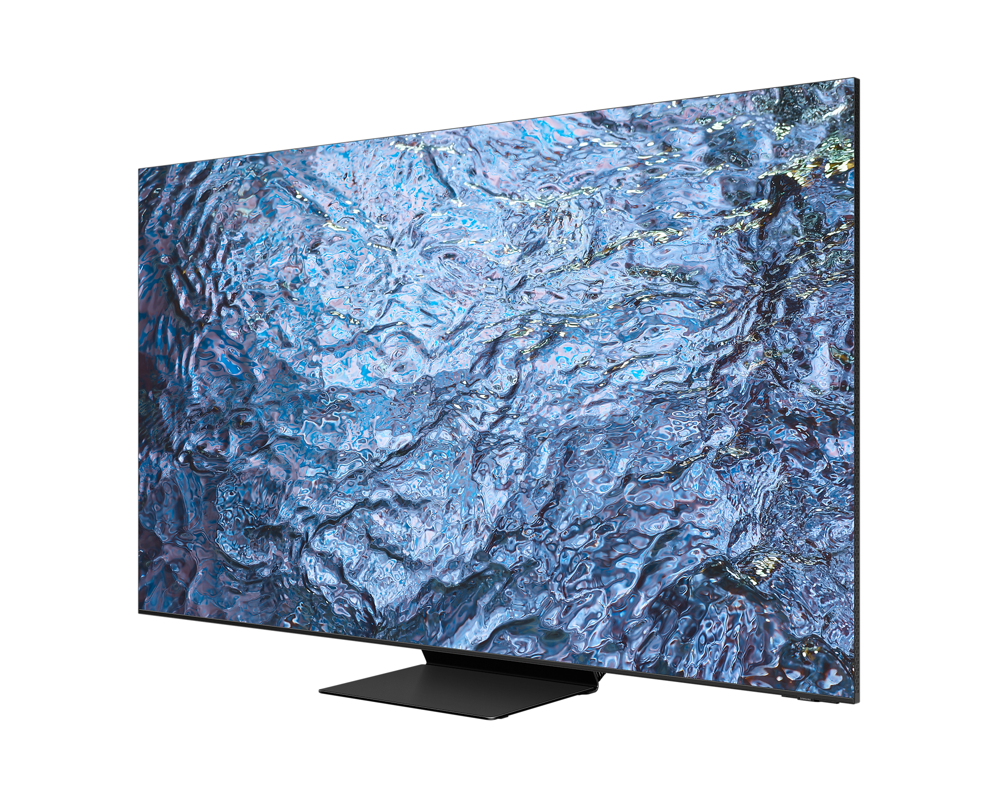 TV Samsung mostrando un patrón abstracto azul y blanco, similar al agua, en la pantalla.
