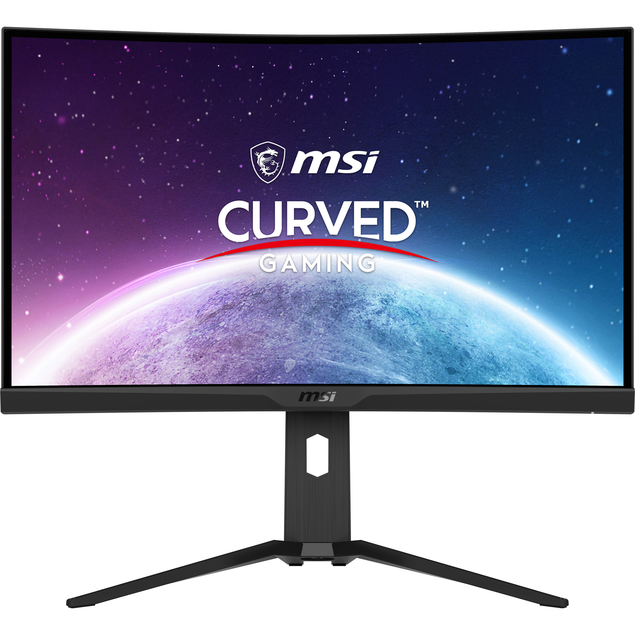 Vista posteriore di un monitor MSI curvo con corpo nero e accenti rossi.