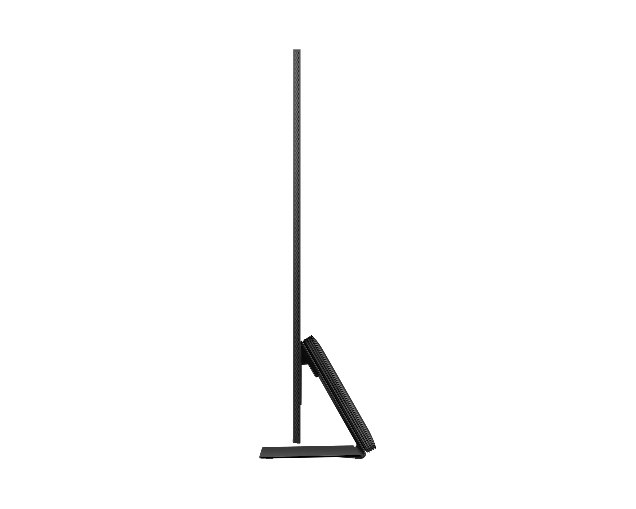 Un televisor negro y elegante se alza sobre fondo blanco, mostrando su perfil delgado y diseño minimalista.