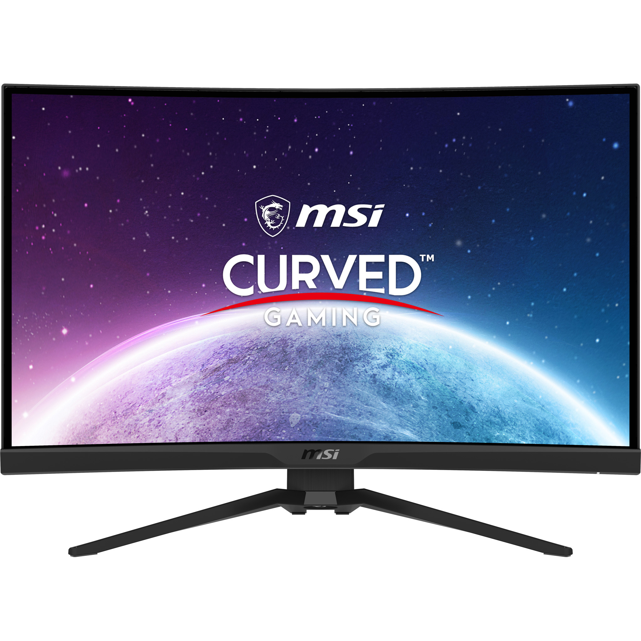 Monitor curvo MSI gaming con supporto nero e schermo a tema spaziale.