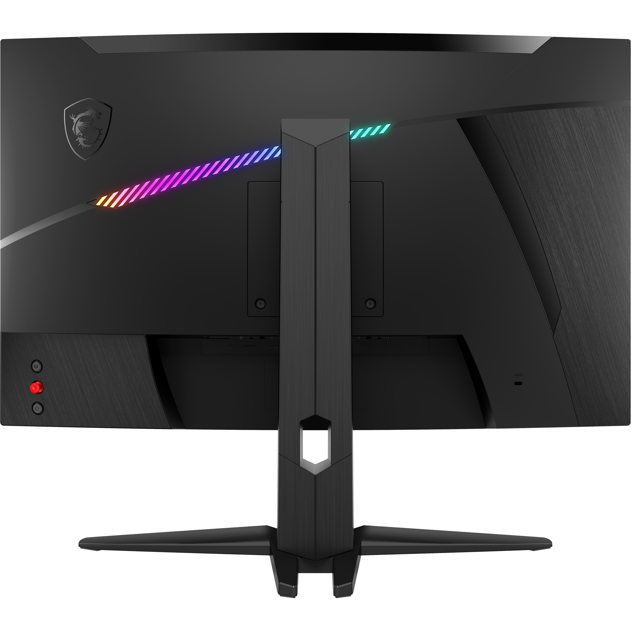 Retro del monitor MSI, nero, con luci RGB e supporto. Sfondo bianco.