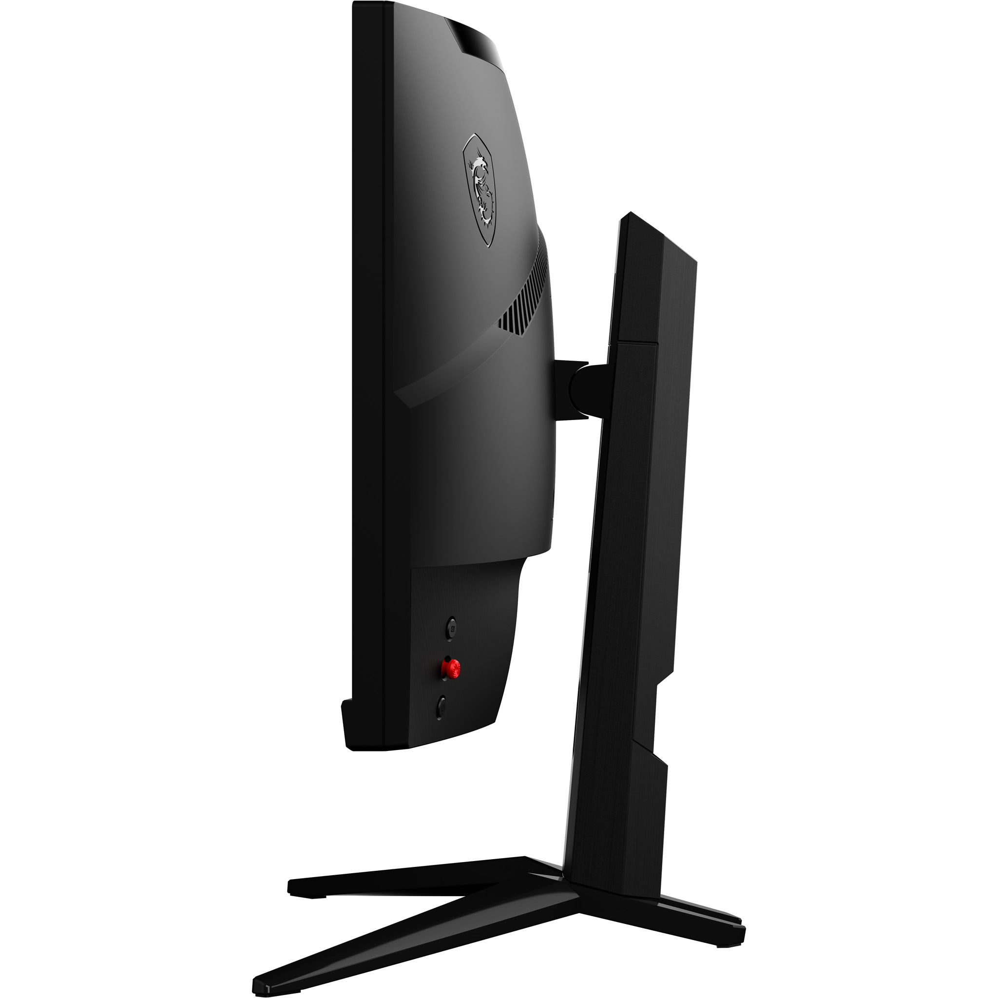 Un monitor MSI nero visto di lato. Un pulsante rosso è sul lato. Il monitor ha un supporto nero.