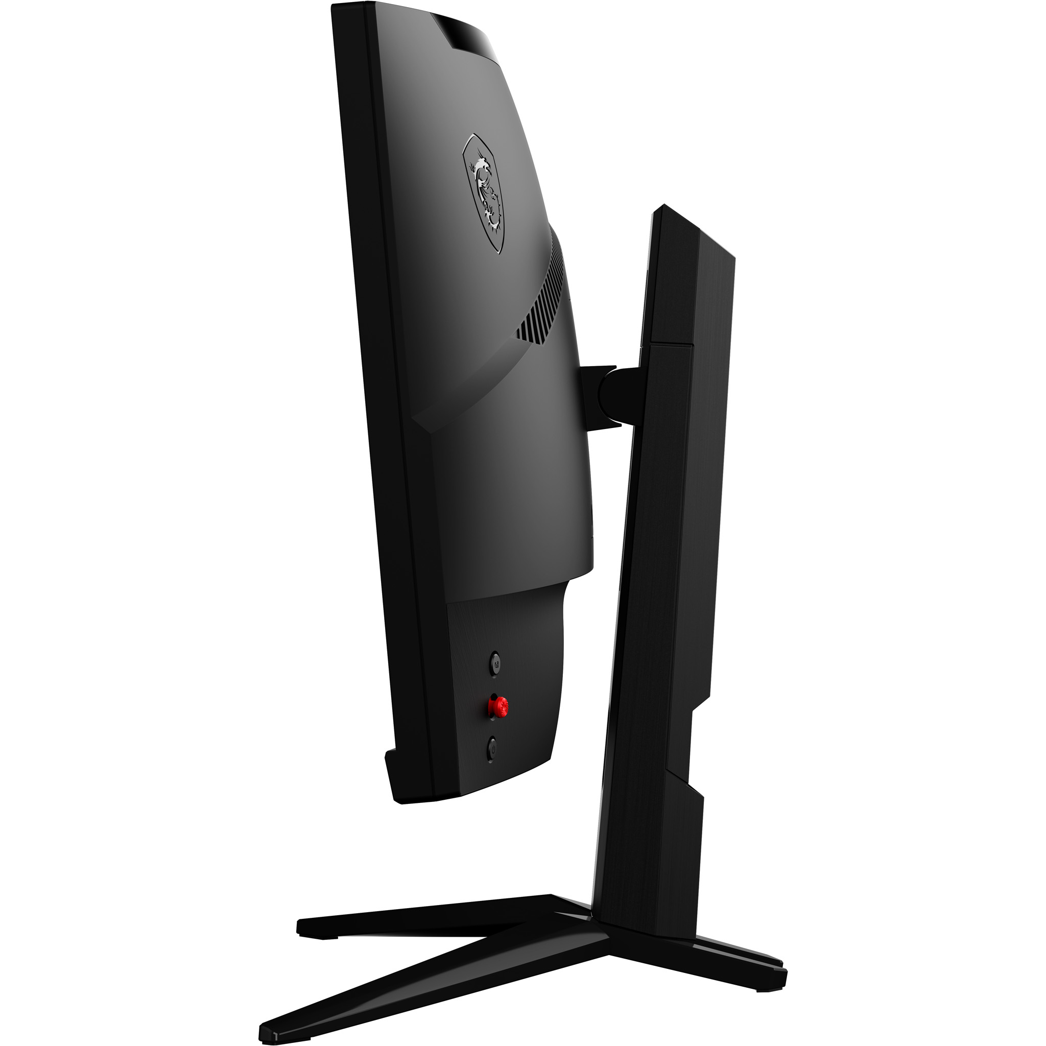 Vista laterale del monitor nero che mostra i dettagli posteriori, tra cui un pulsante rosso e il supporto.