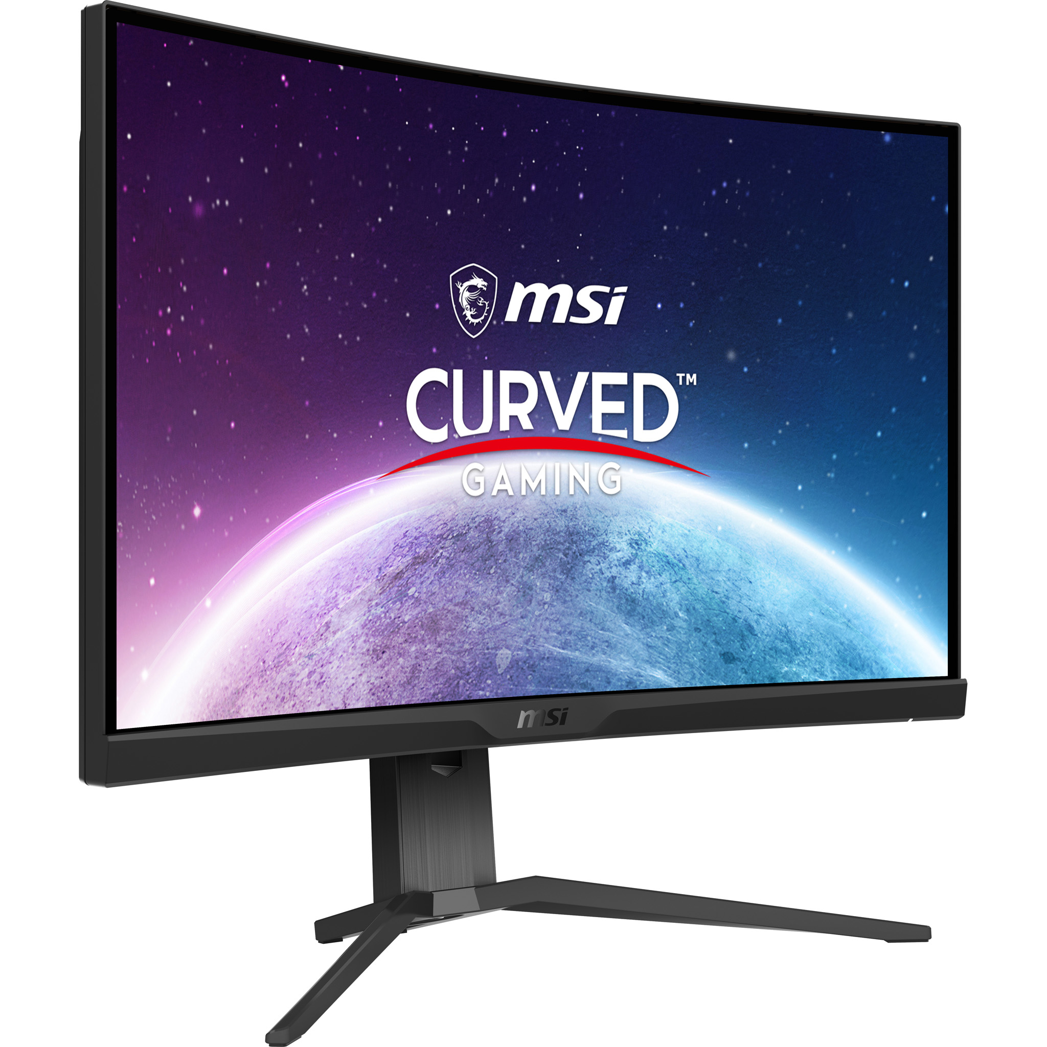 Monitor gaming curvo MSI nero con logo, mostra una scena spaziale colorata.