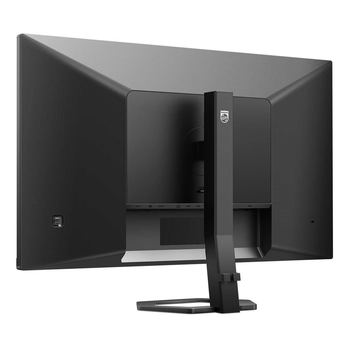 Retro monitor Philips nero con porte e supporto. Vista angolata.