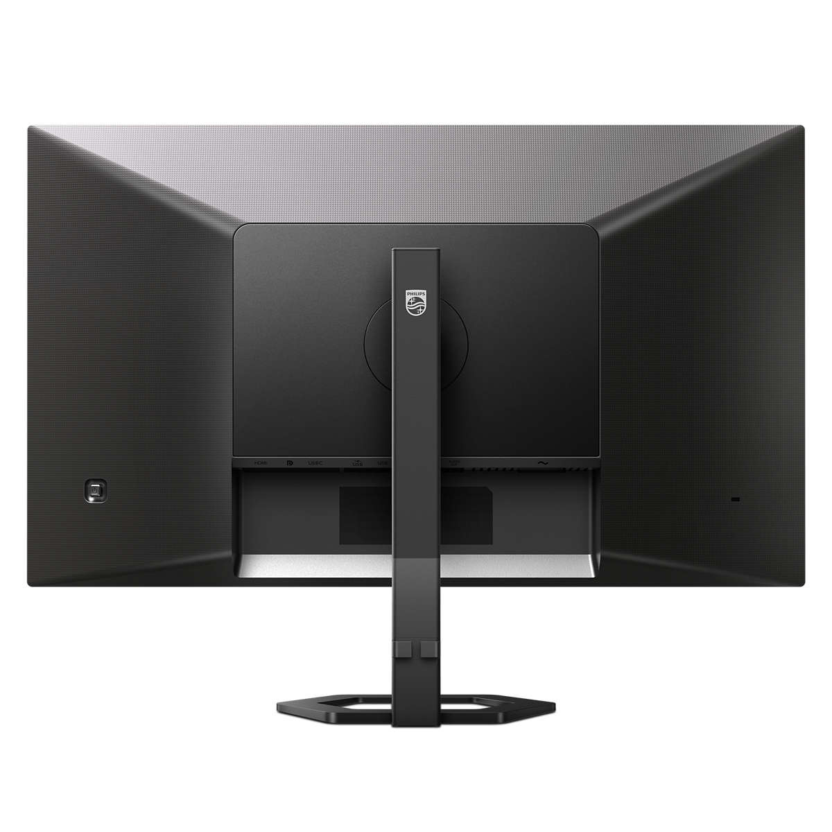 Retro di un monitor nero con logo Philips e supporto. Il monitor ha un design elegante.