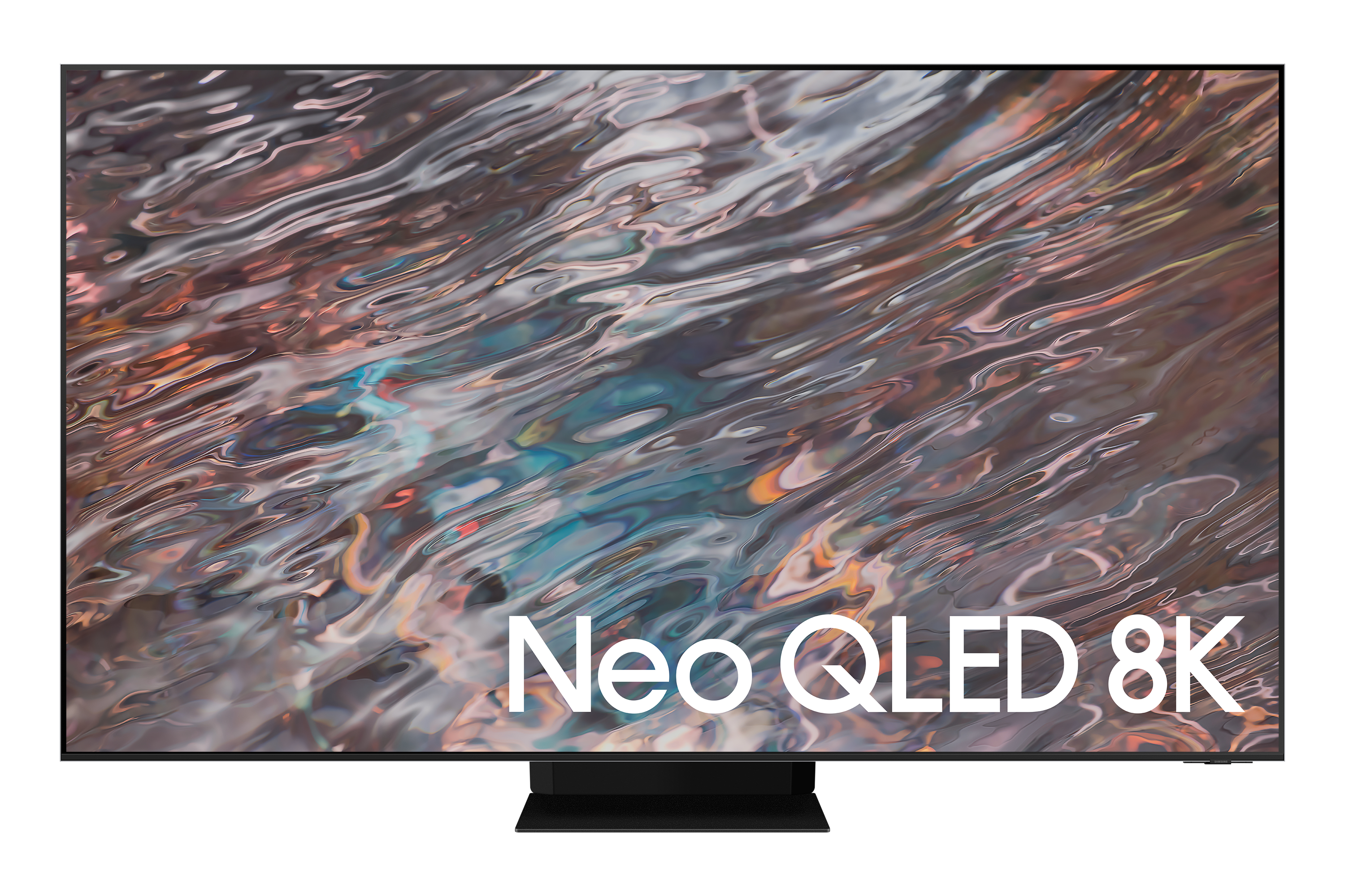 Una TV Neo QLED 8K nera. Lo sfondo è bianco.
