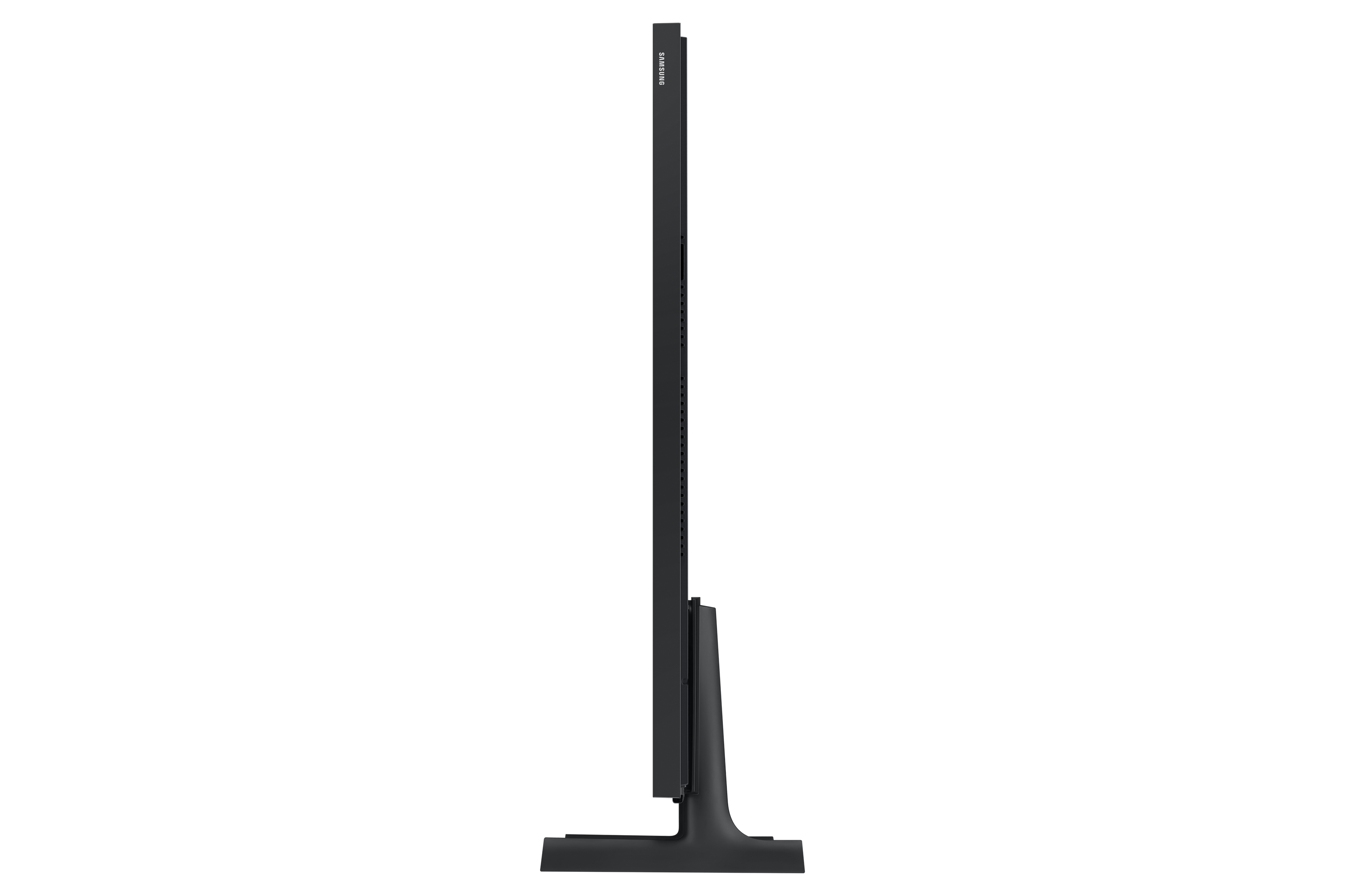 Czarny telewizor z boku. Tło jest białe.