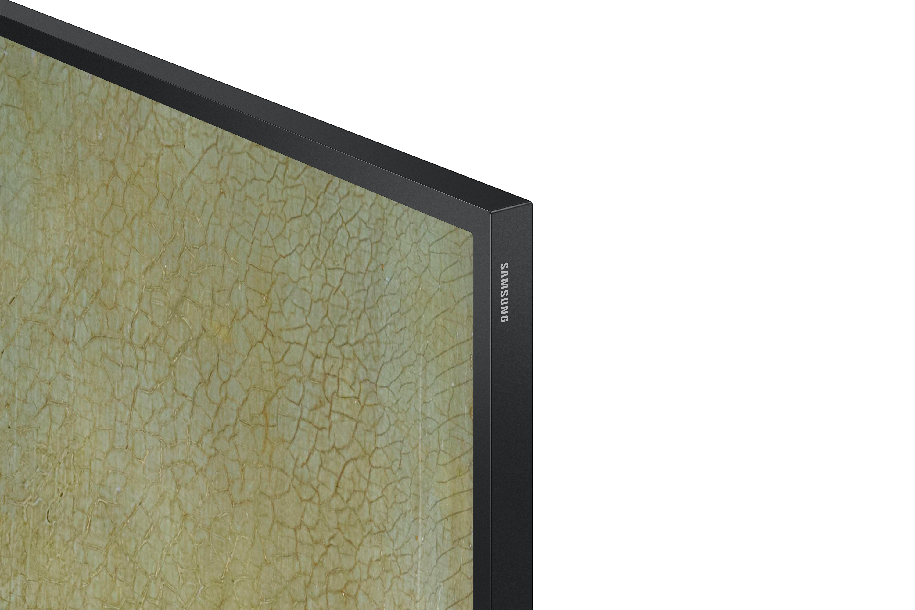 Zbliżenie rogu telewizora Samsung, beżowe, teksturowane dzieło sztuki na ekranie.