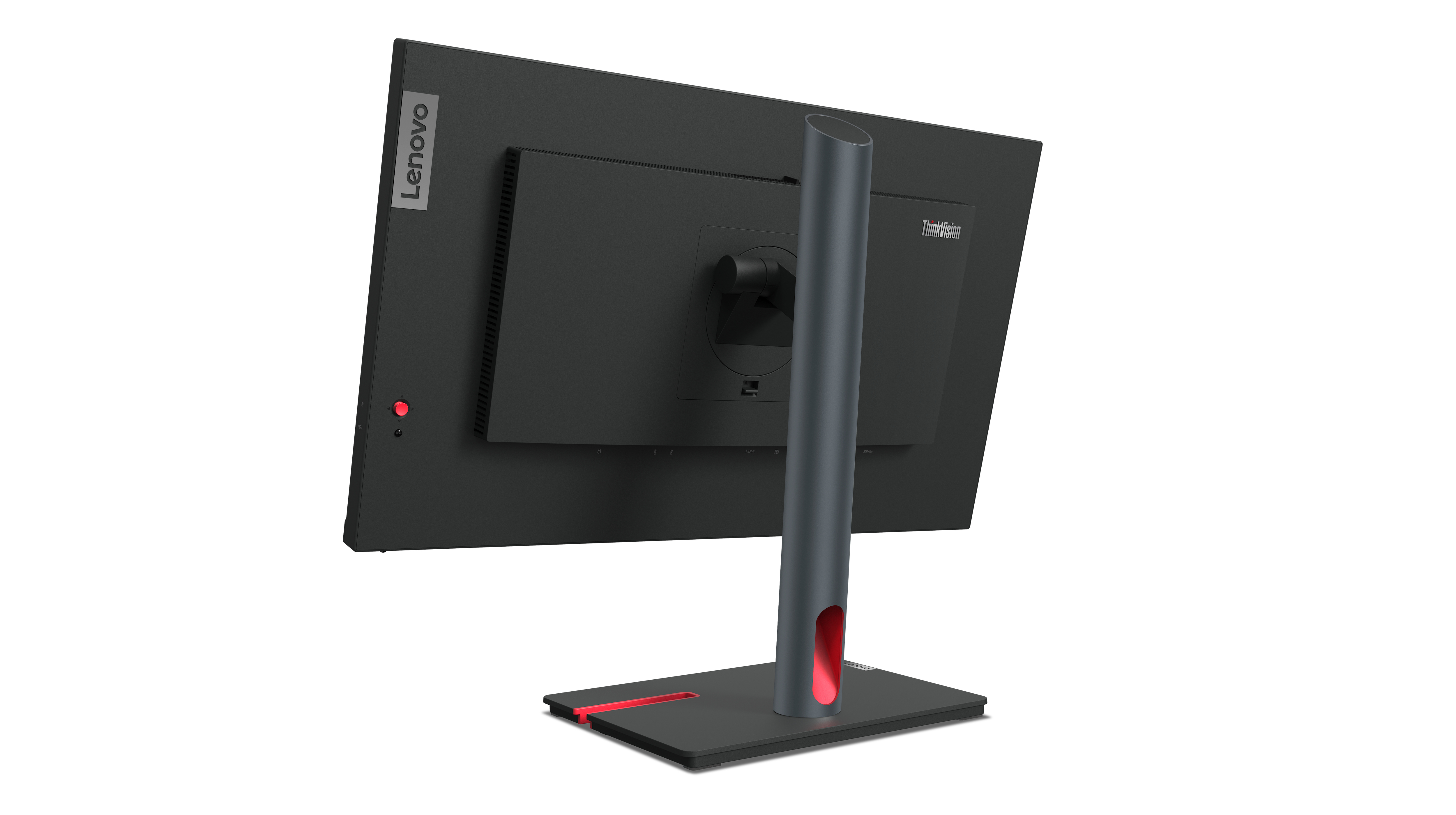 Die Rückseite eines schwarzen Lenovo-Monitors mit Anschlüssen, Ständer und Lenovo-Logo.