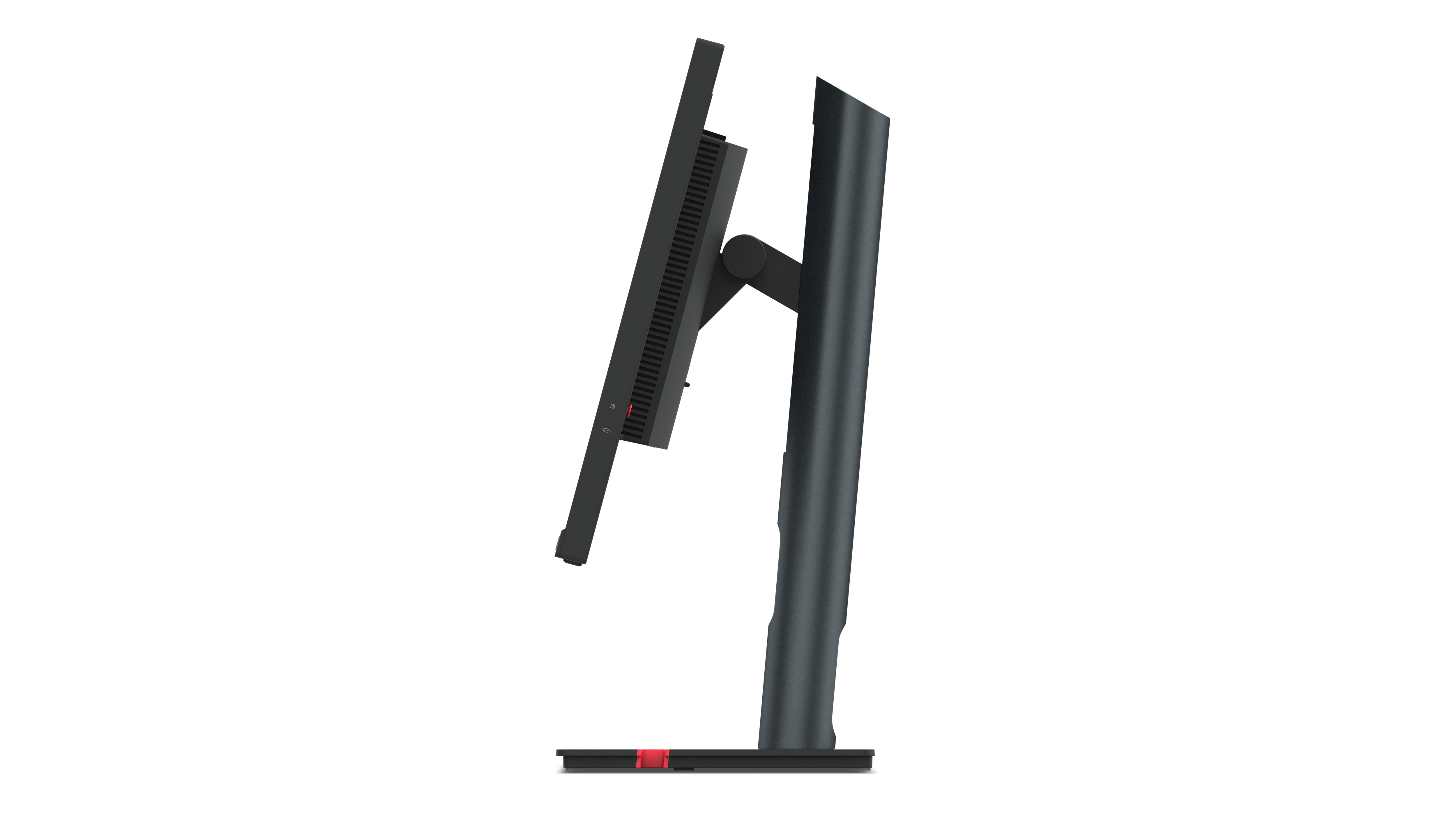Zijaanzicht van een zwarte monitor, met een rode aan/uit-knop. Het scherm is schuin.