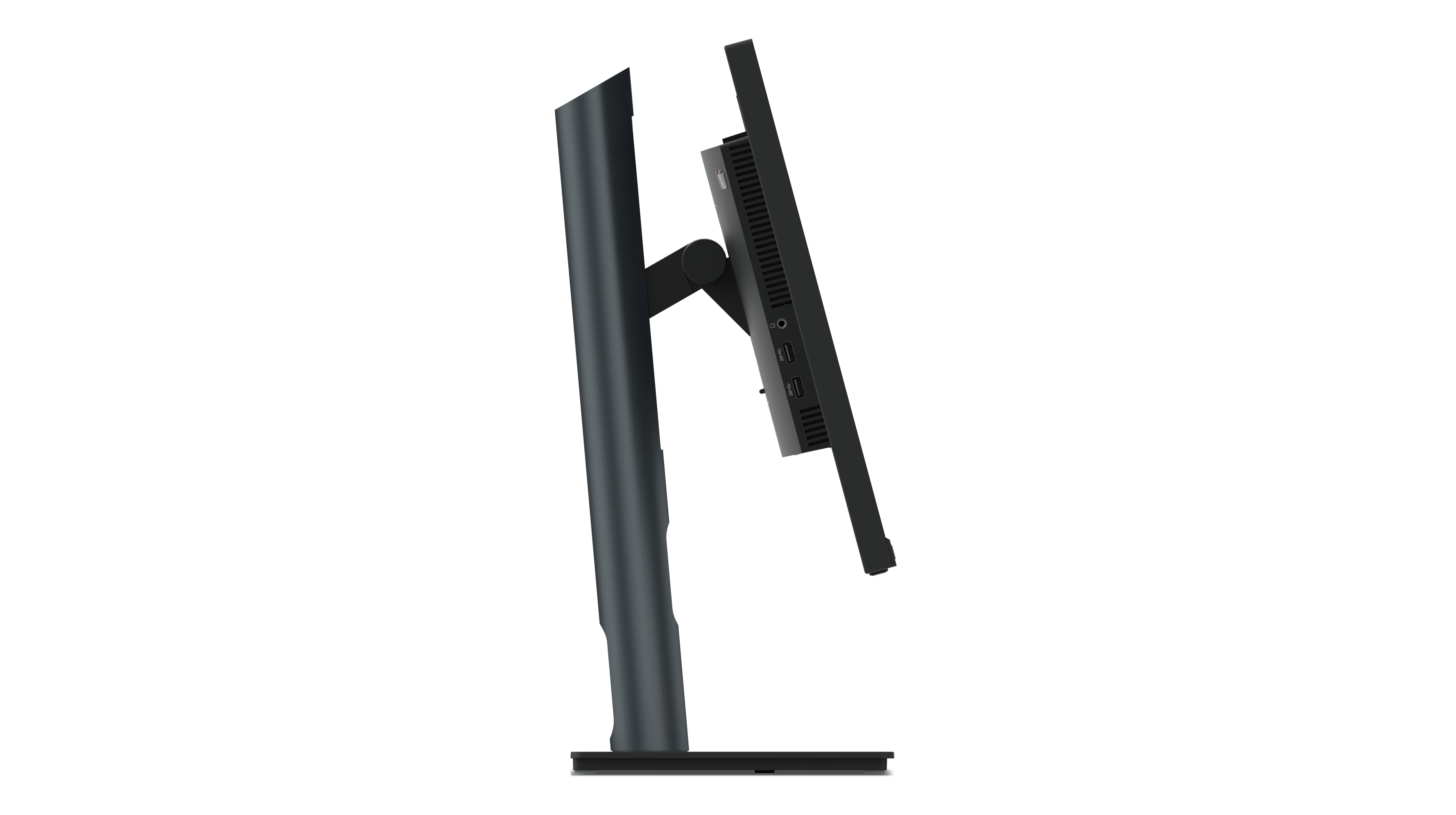 Zijaanzicht van een monitor. Donker frame, zwarte standaard. Het scherm is naar rechts gericht.