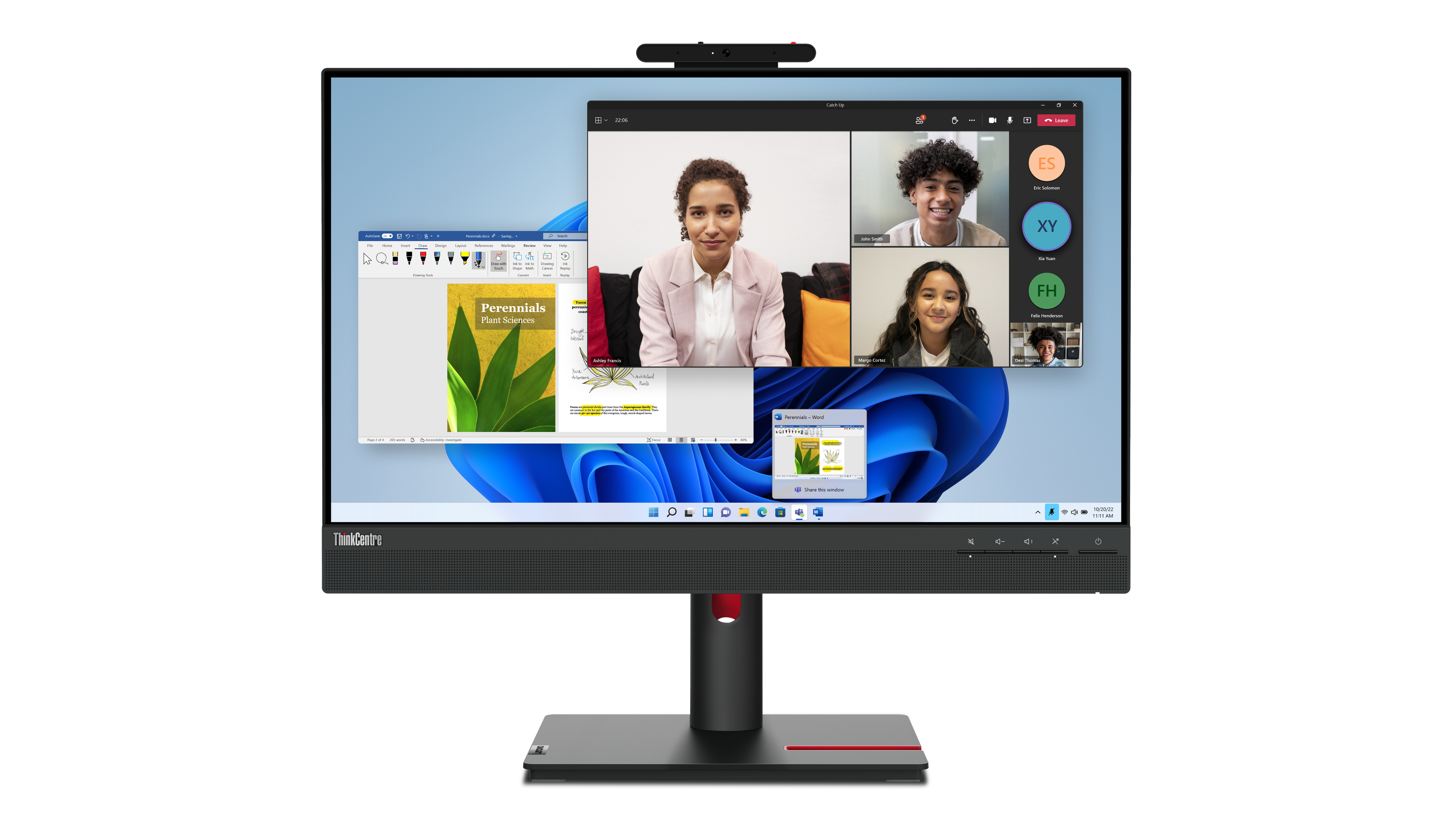 Monitor Lenovo ThinkCentre pokazuje połączenie wideo z wieloma uczestnikami i dokumentem.