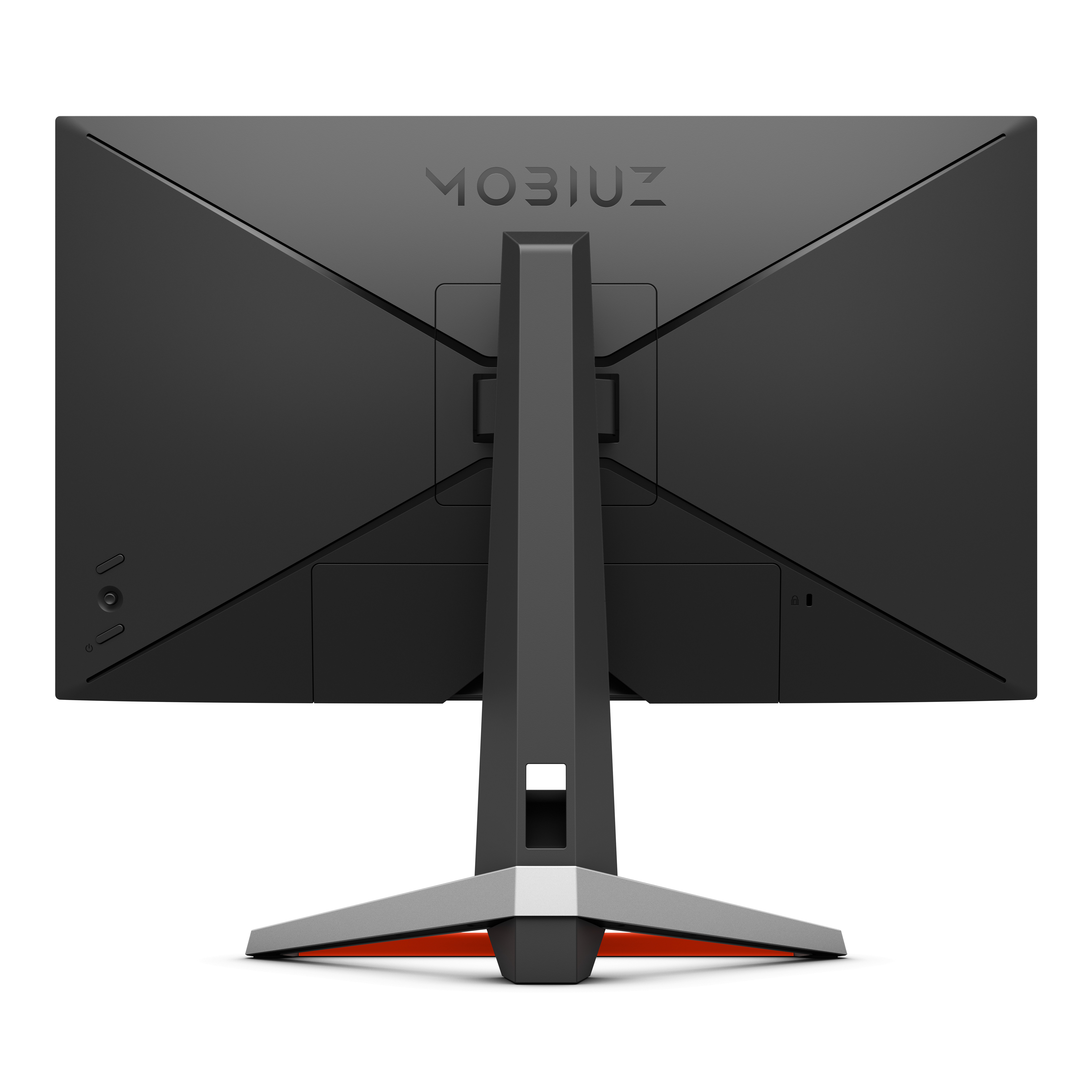 Schwarze Monitorrückseite mit MOBIUZ-Logo. Es hat einen Ständer mit orangefarbener Basis.