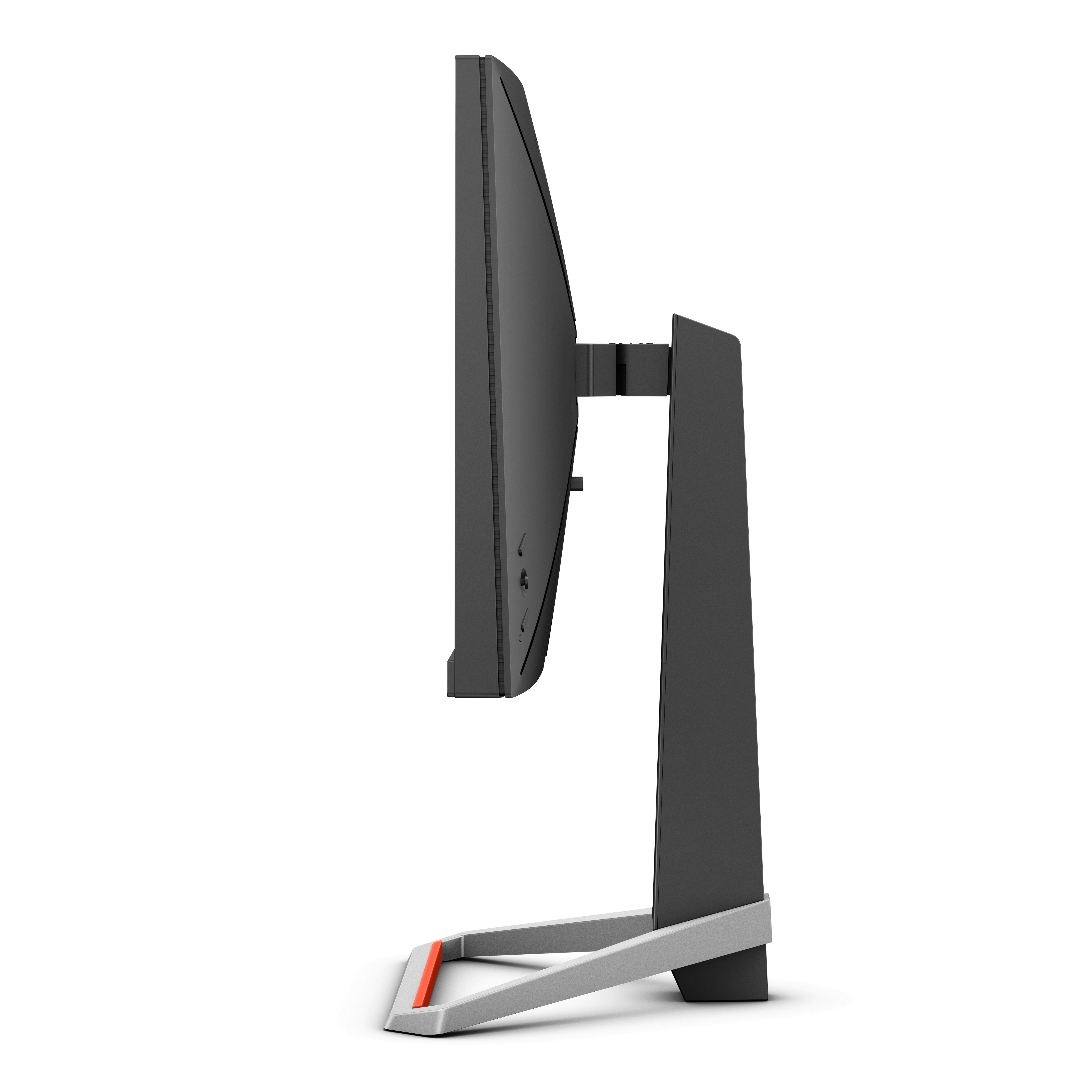 Seitenansicht eines schwarzen Monitors mit grau-rotem Ständer. Der Monitor steht auf weißem Untergrund.