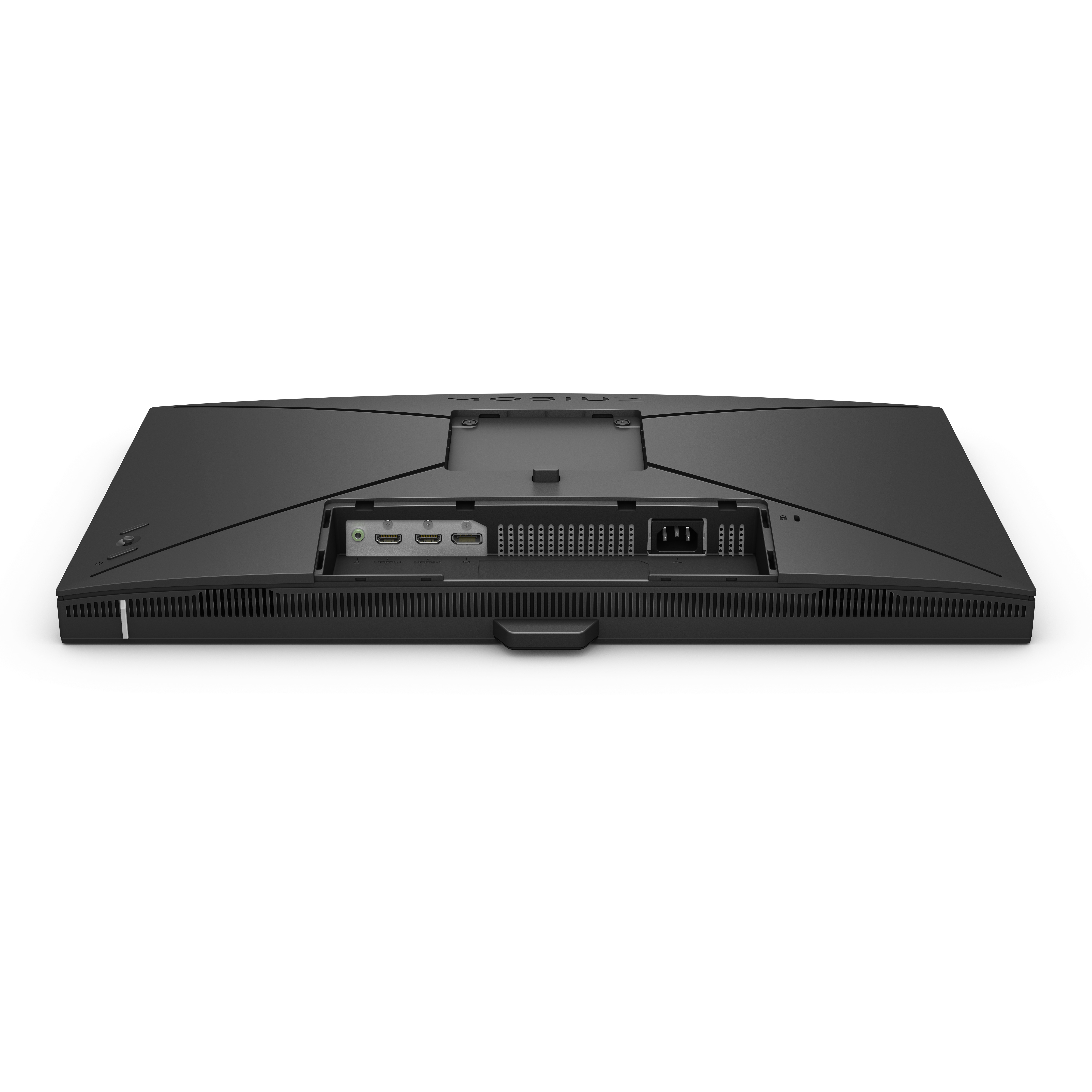 Rückseite eines schwarzen Monitors mit sichtbaren Anschlüssen und Lüftungsschlitzen, sauberes Design.