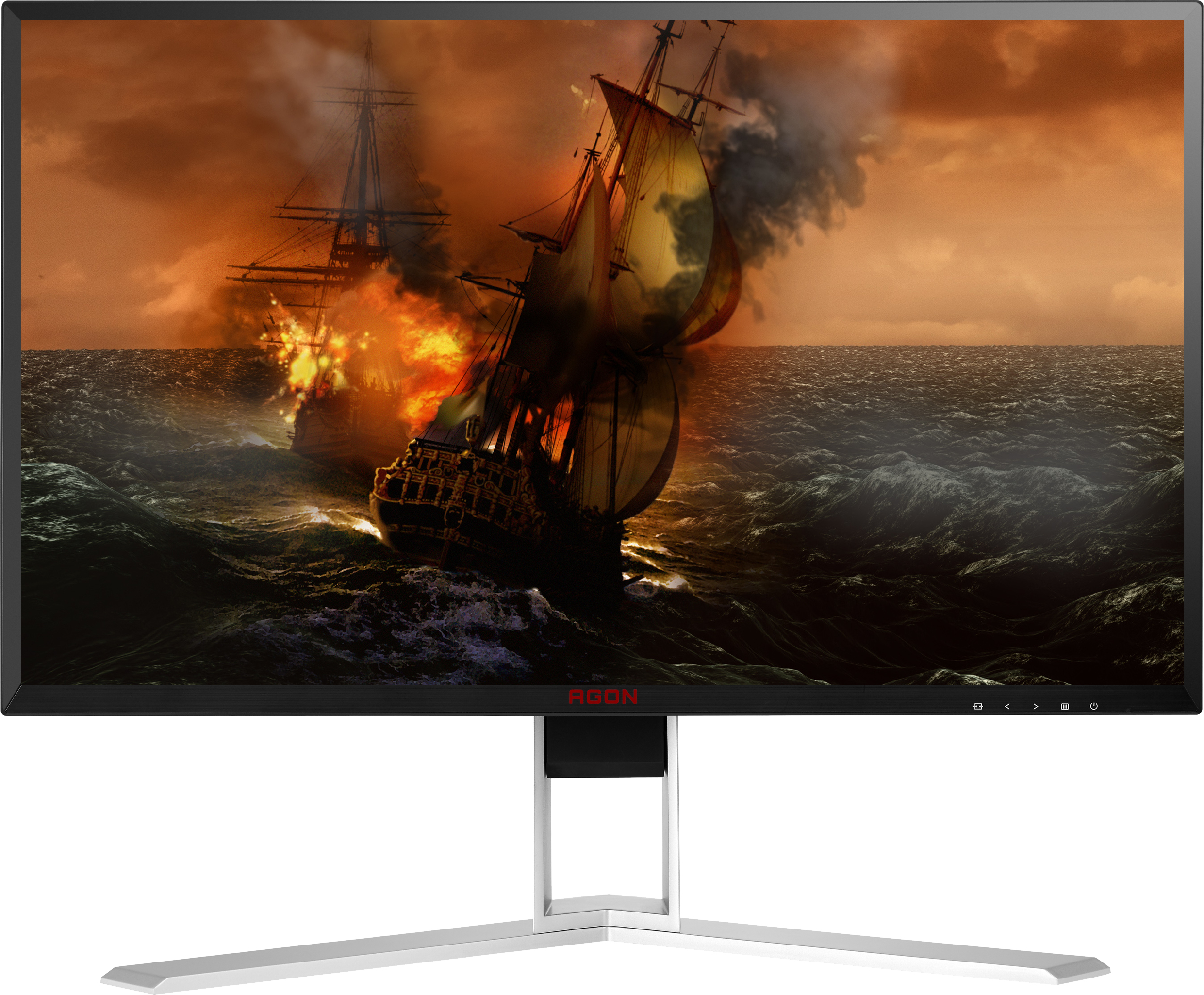 Monitor mit stürmischer Meerszene mit brennenden Schiffen, AGON-Label und Ständer.