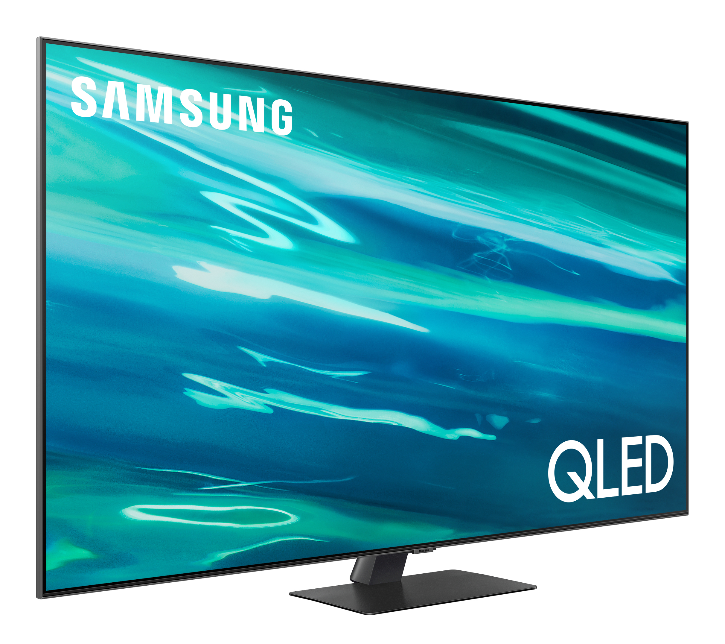 Telewizor Samsung QLED z abstrakcyjnym niebiesko-zielonym tłem.
