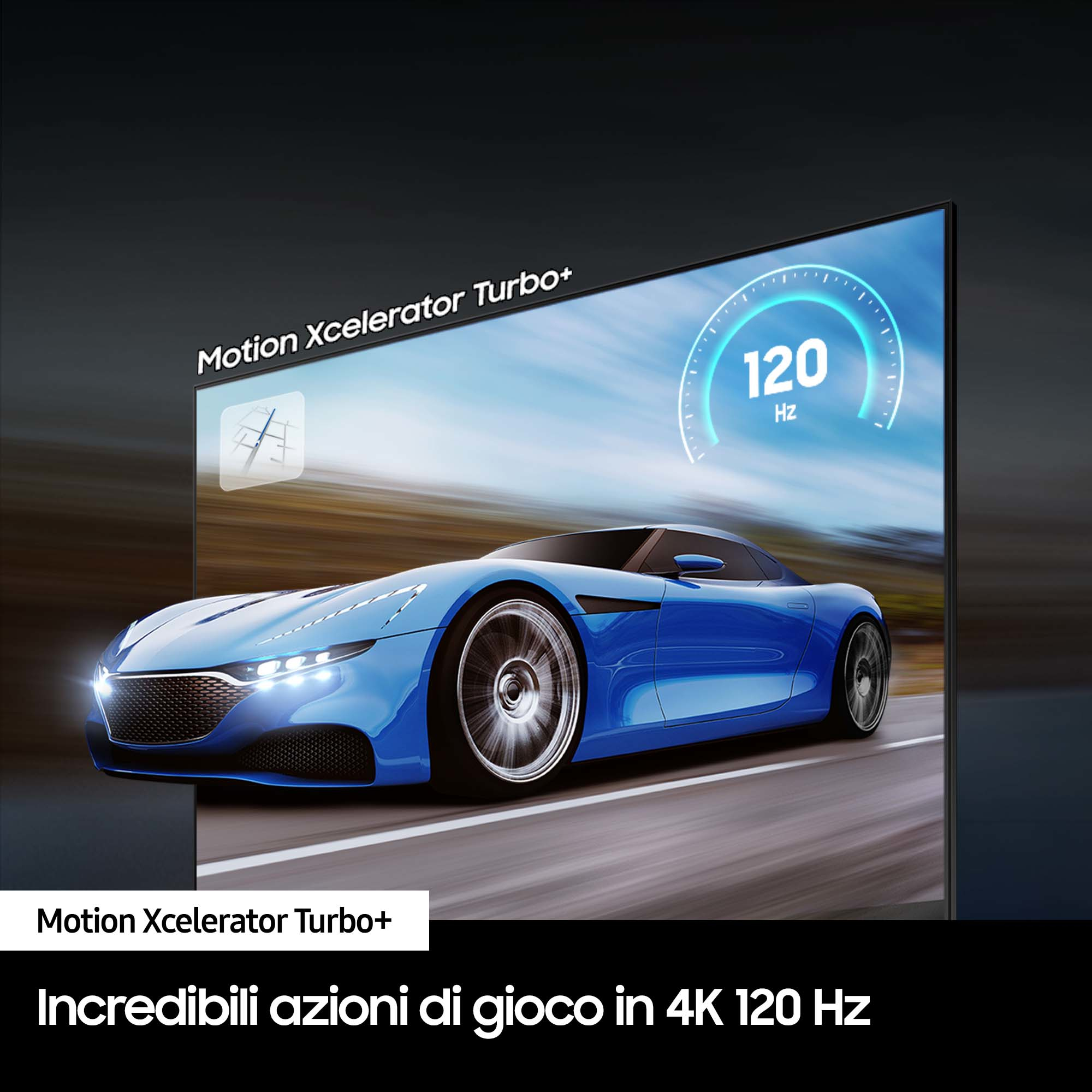 Niebieski samochód sportowy na ekranie, wskazujący 120 Hz z Motion Xcelerator Turbo+.