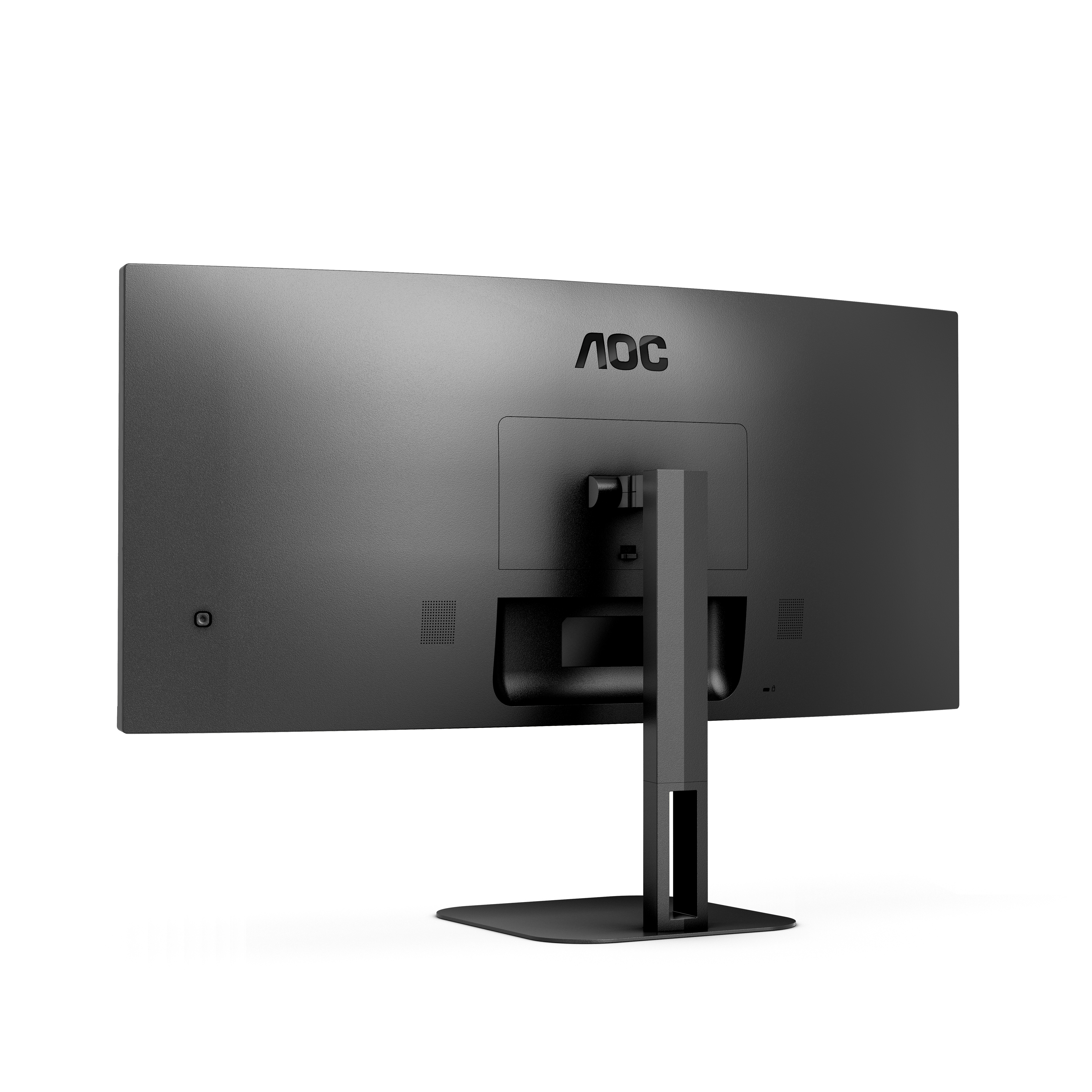 Widok z tyłu czarnego monitora z logo 'AOC', ze stojakiem, na białym tle.