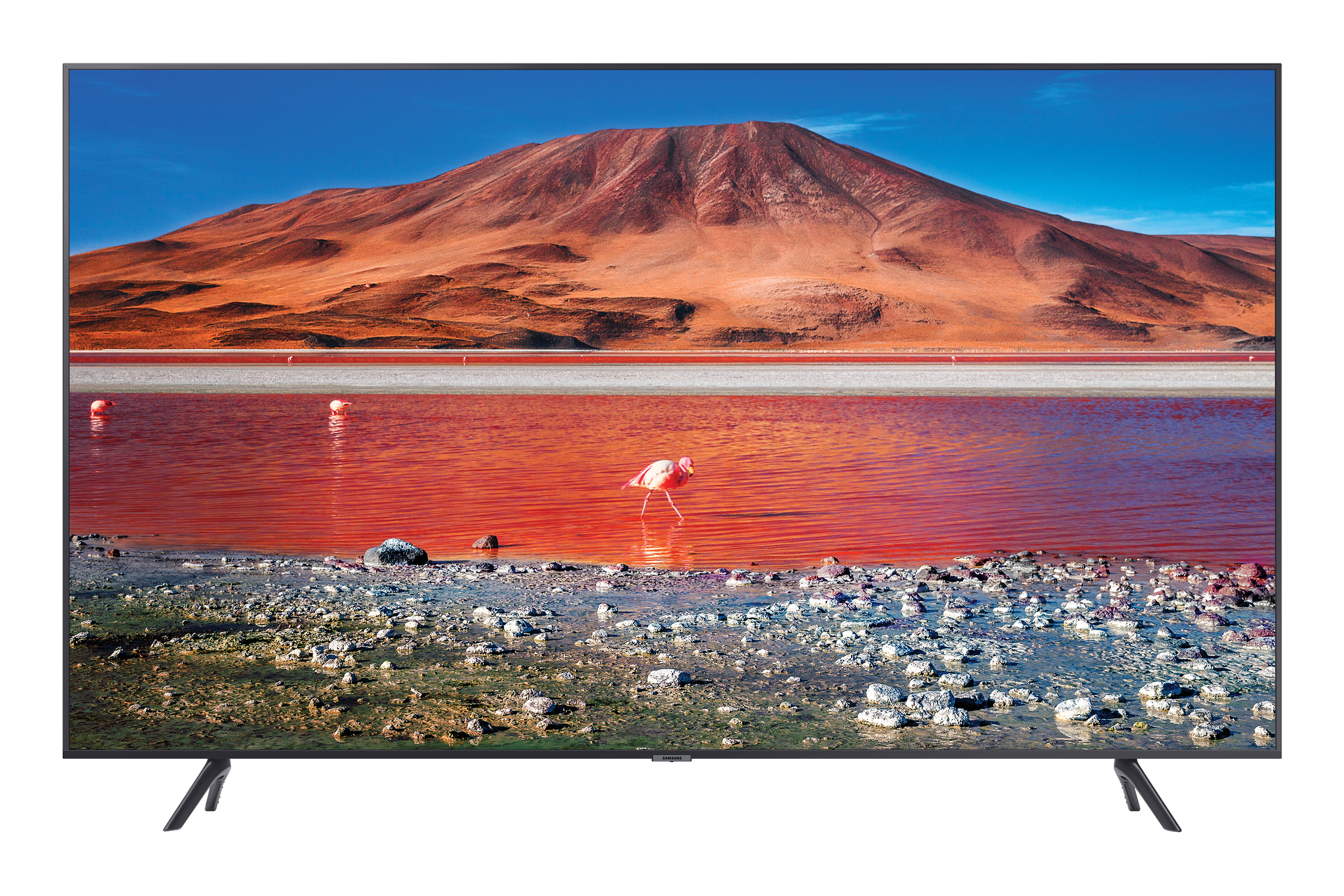 TV Samsung mostrando un paisaje con agua roja, montañas y flamencos.