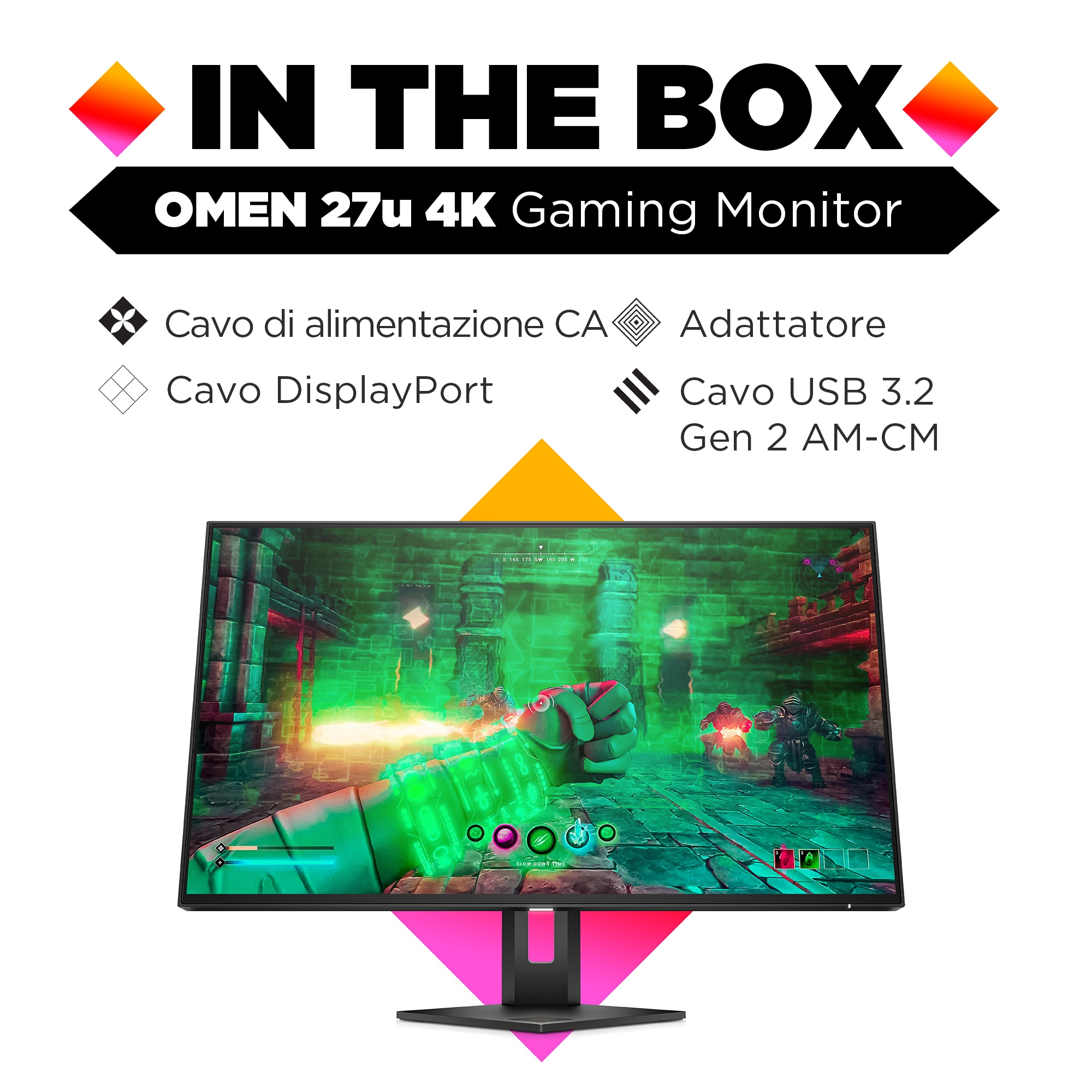 Ein 'In The Box'-Bild eines OMEN 27u 4K Gaming-Monitors mit Zubehör.