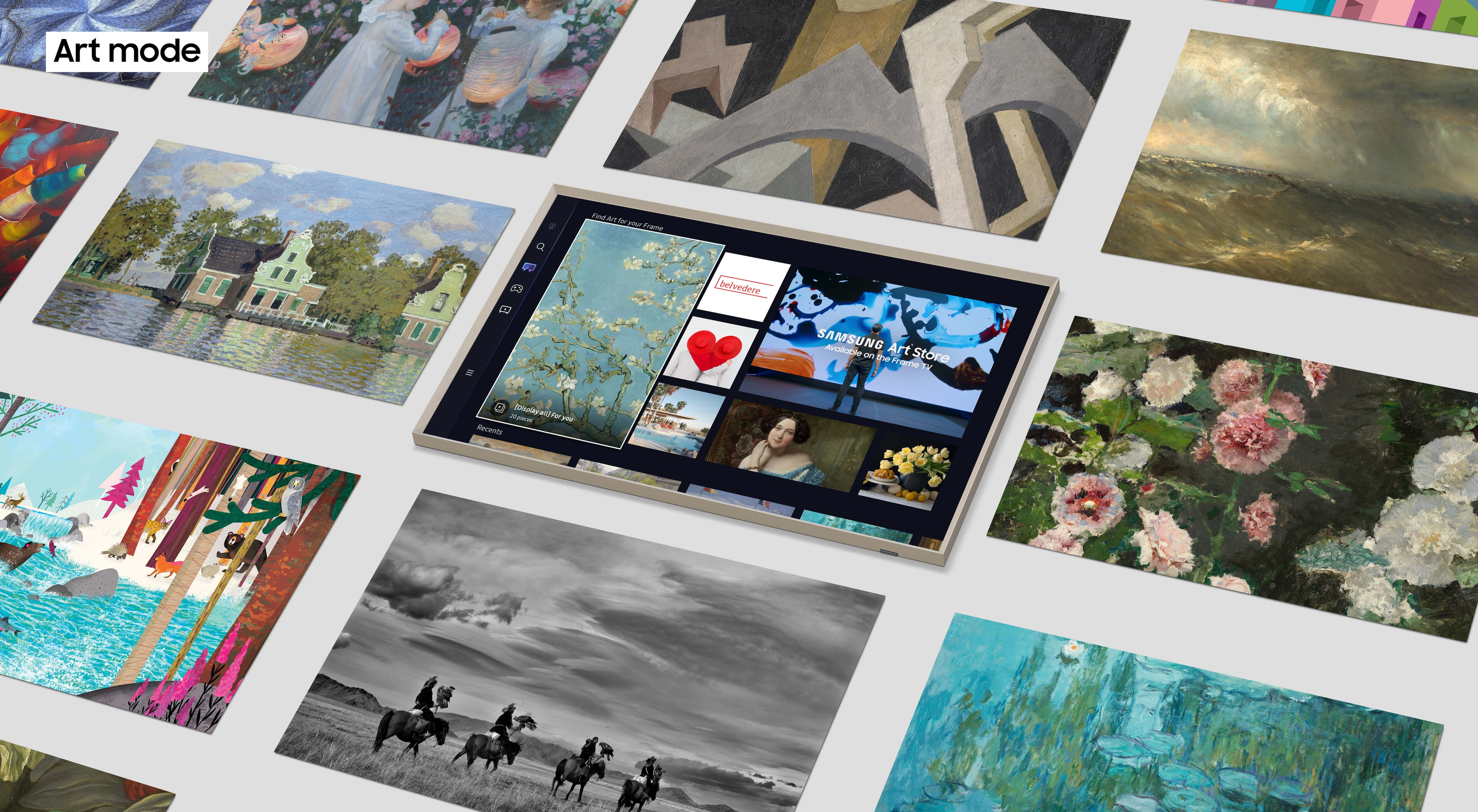 TV-Bildschirm mit verschiedenen Kunstwerken, umgeben von anderen Kunstwerken, Text 'Art mode'.