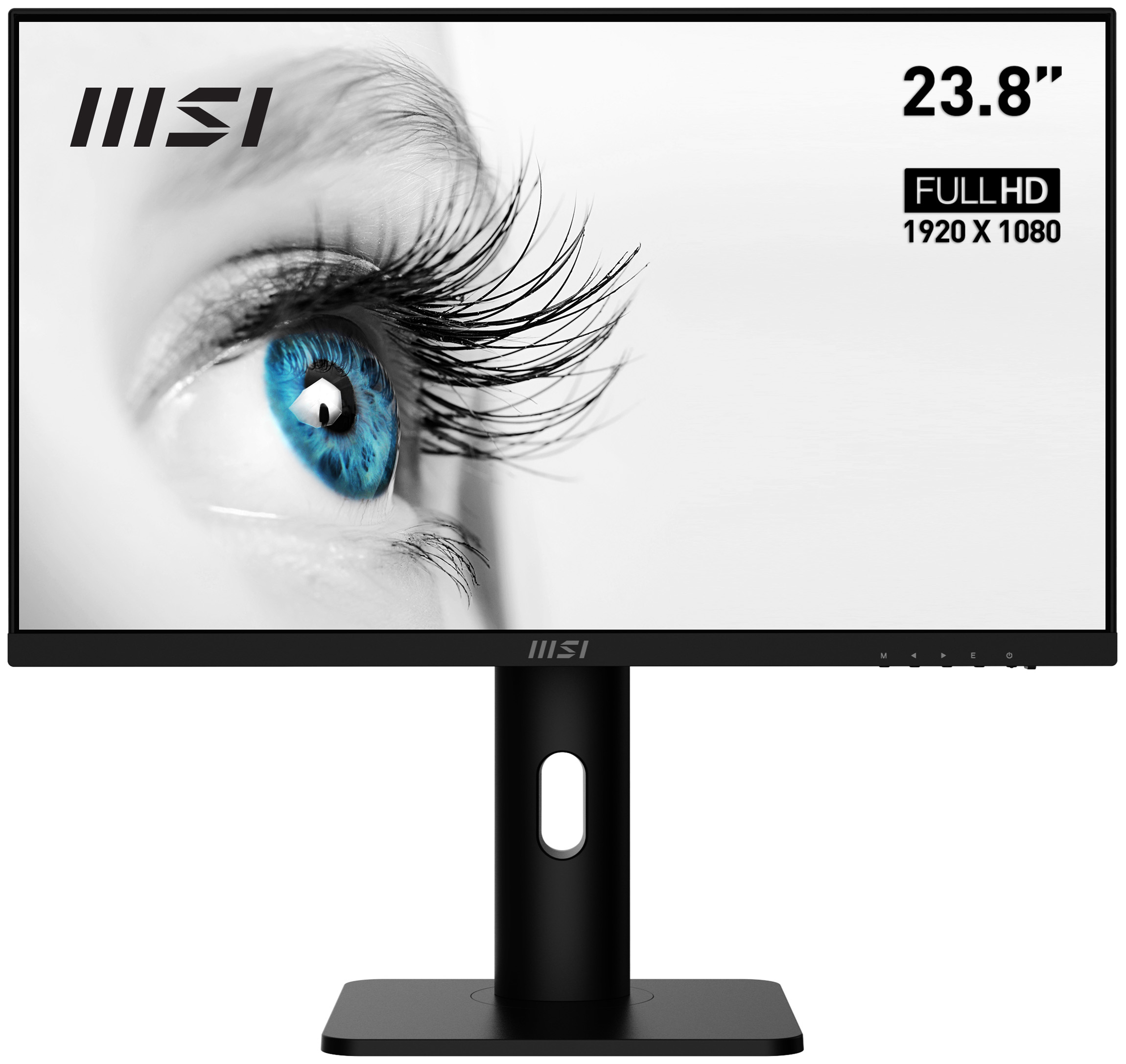 Moniteur MSI affichant un gros plan d'un œil bleu avec de longs cils.