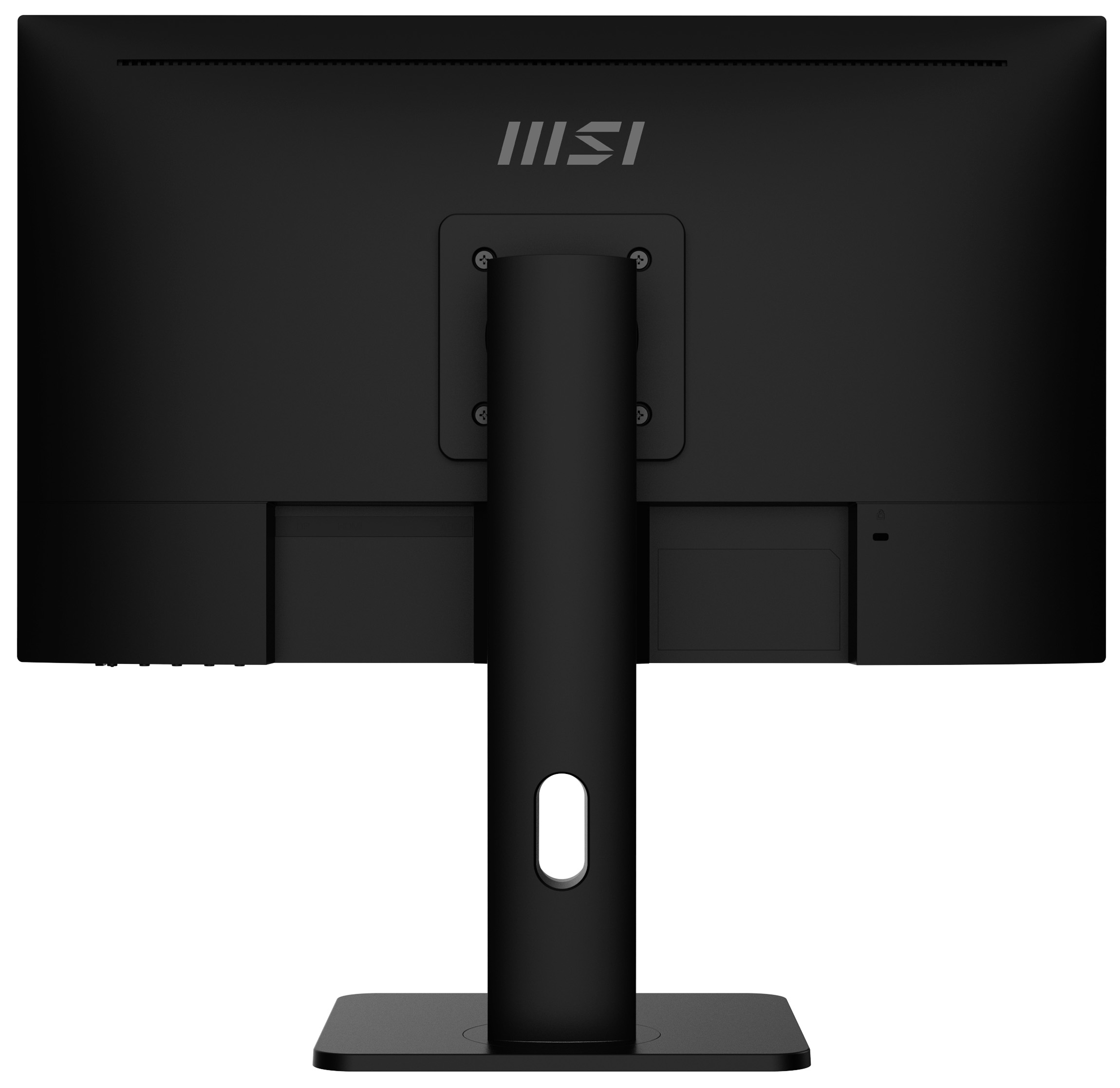 Vue arrière d'un moniteur MSI noir, avec le logo MSI. Il a un pied et divers ports.