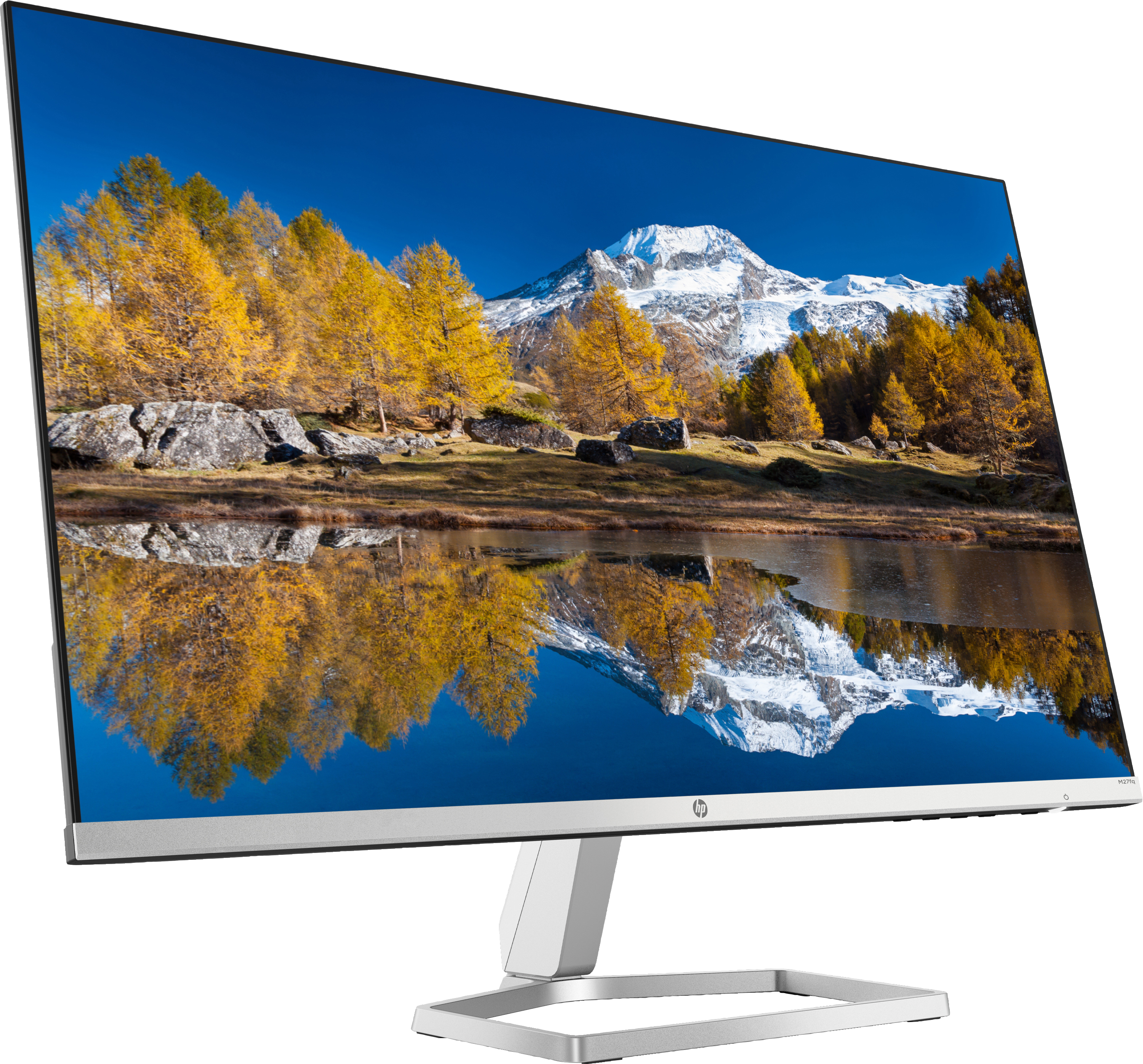 Monitor zeigt eine Seeszene mit gelben Bäumen und blauem Himmel. Silberner Ständer.