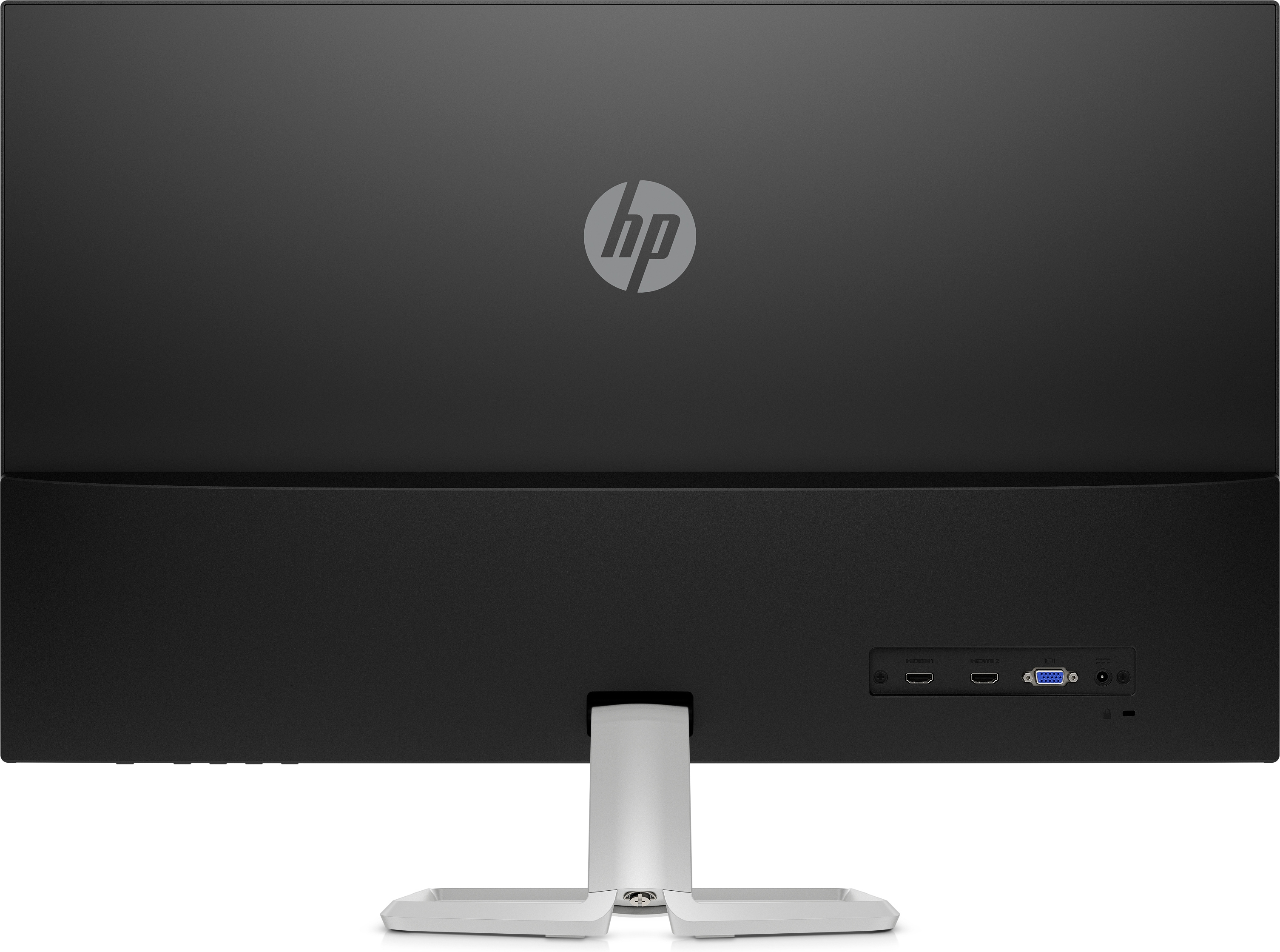 Vista posteriore di un monitor HP nero. Con il logo HP e varie porte visibili.