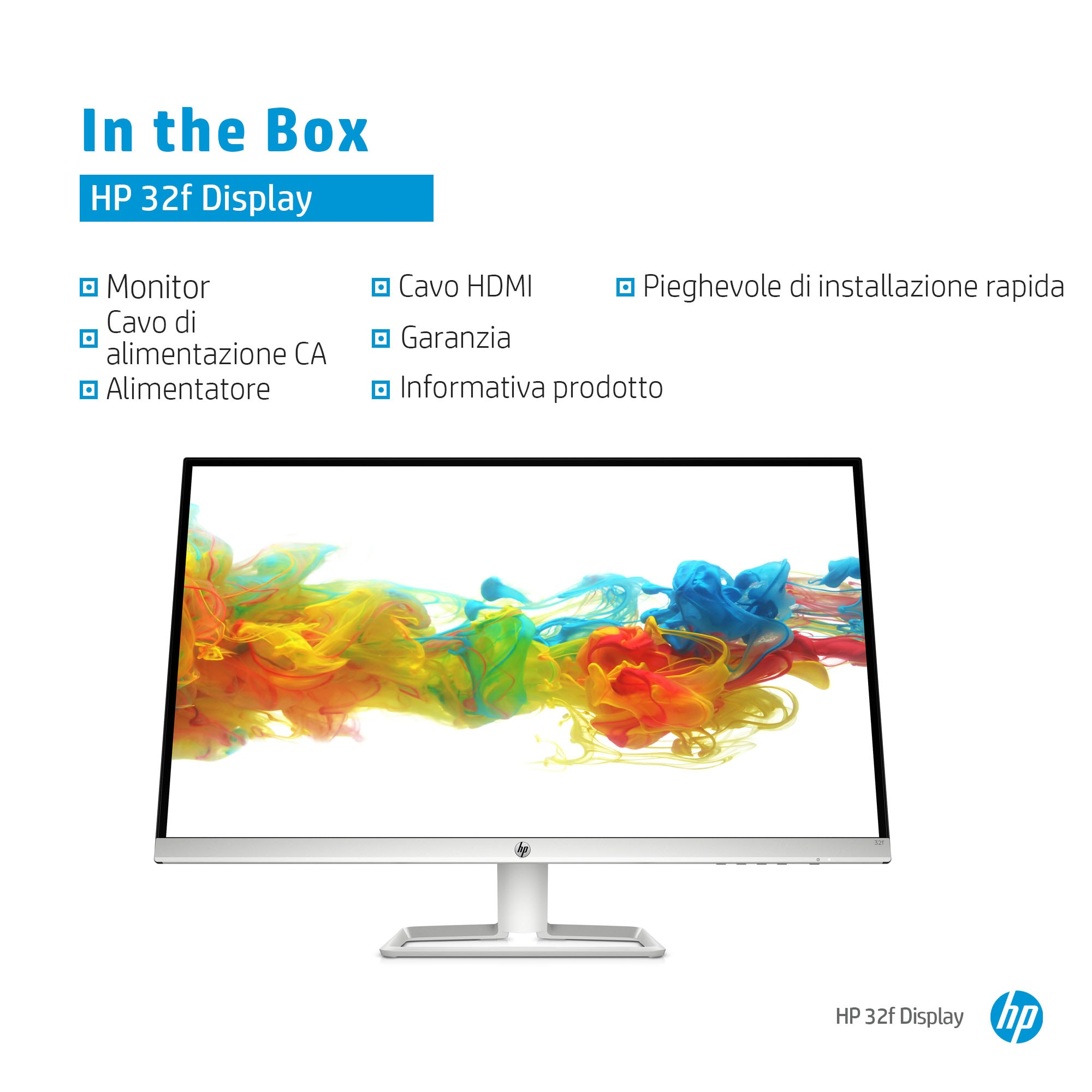 Monitor bianco con supporto bianco, una scatola con dettagli del prodotto e logo HP.