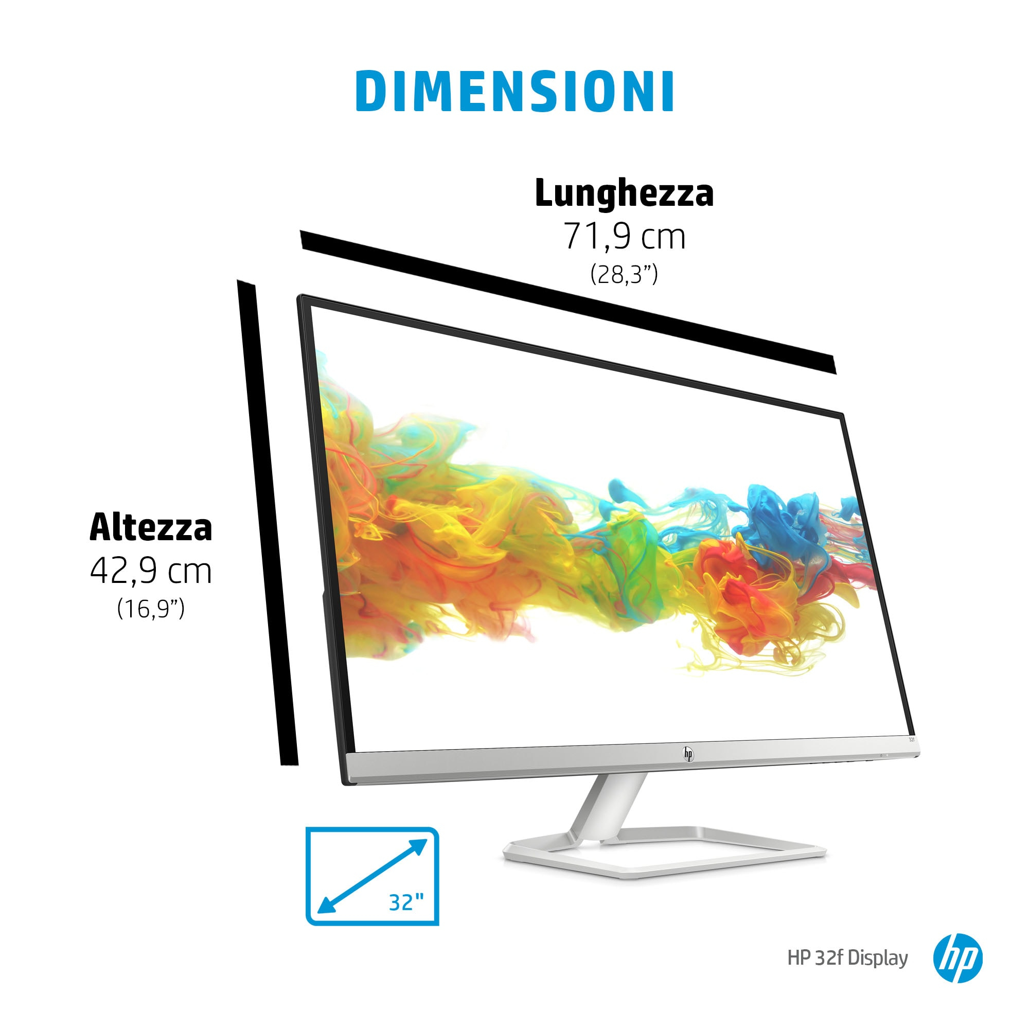 Un monitor HP da 32 pollici che mostra arte astratta colorata con le dimensioni visualizzate.