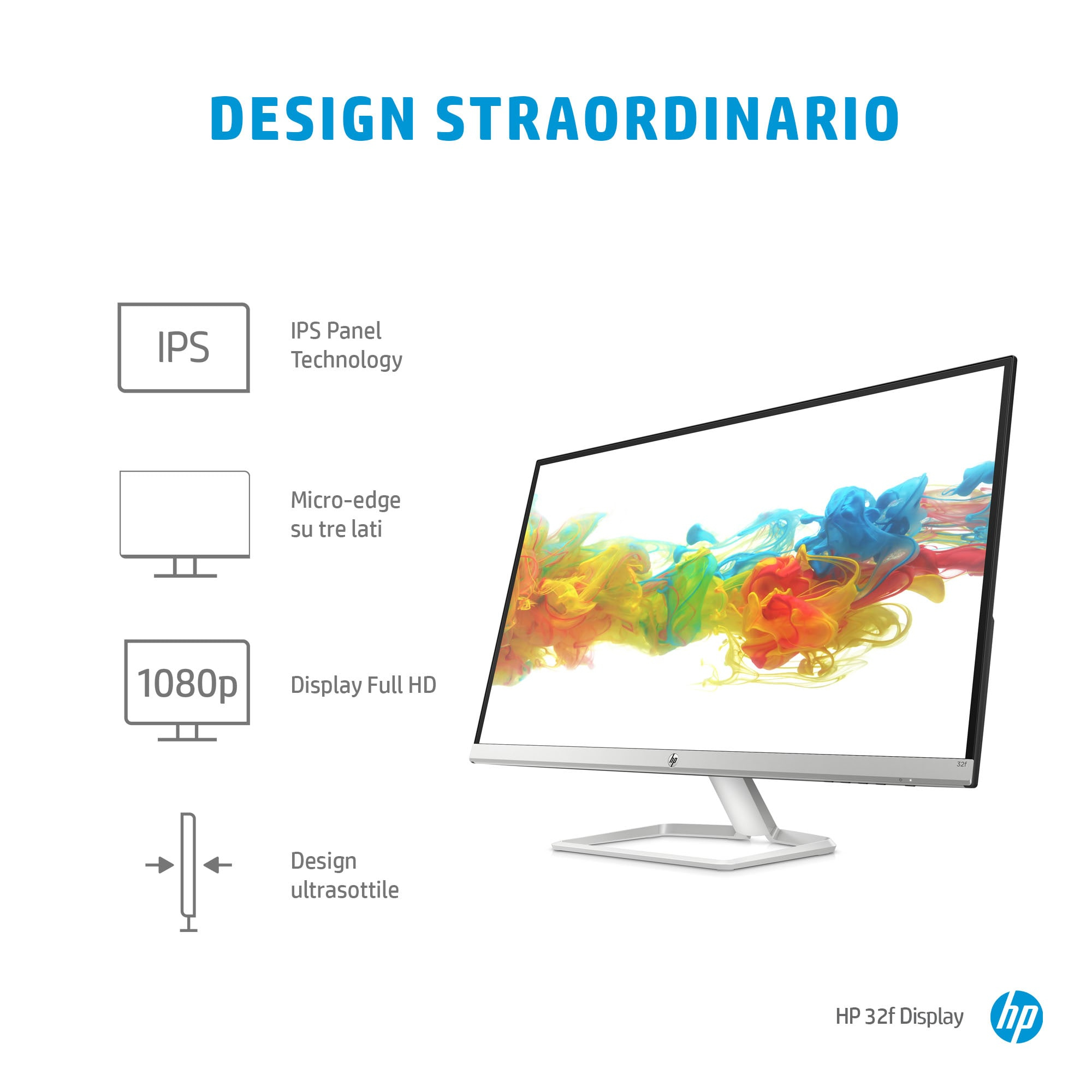 Monitor HP con testo. Il display mostra arte astratta colorata.