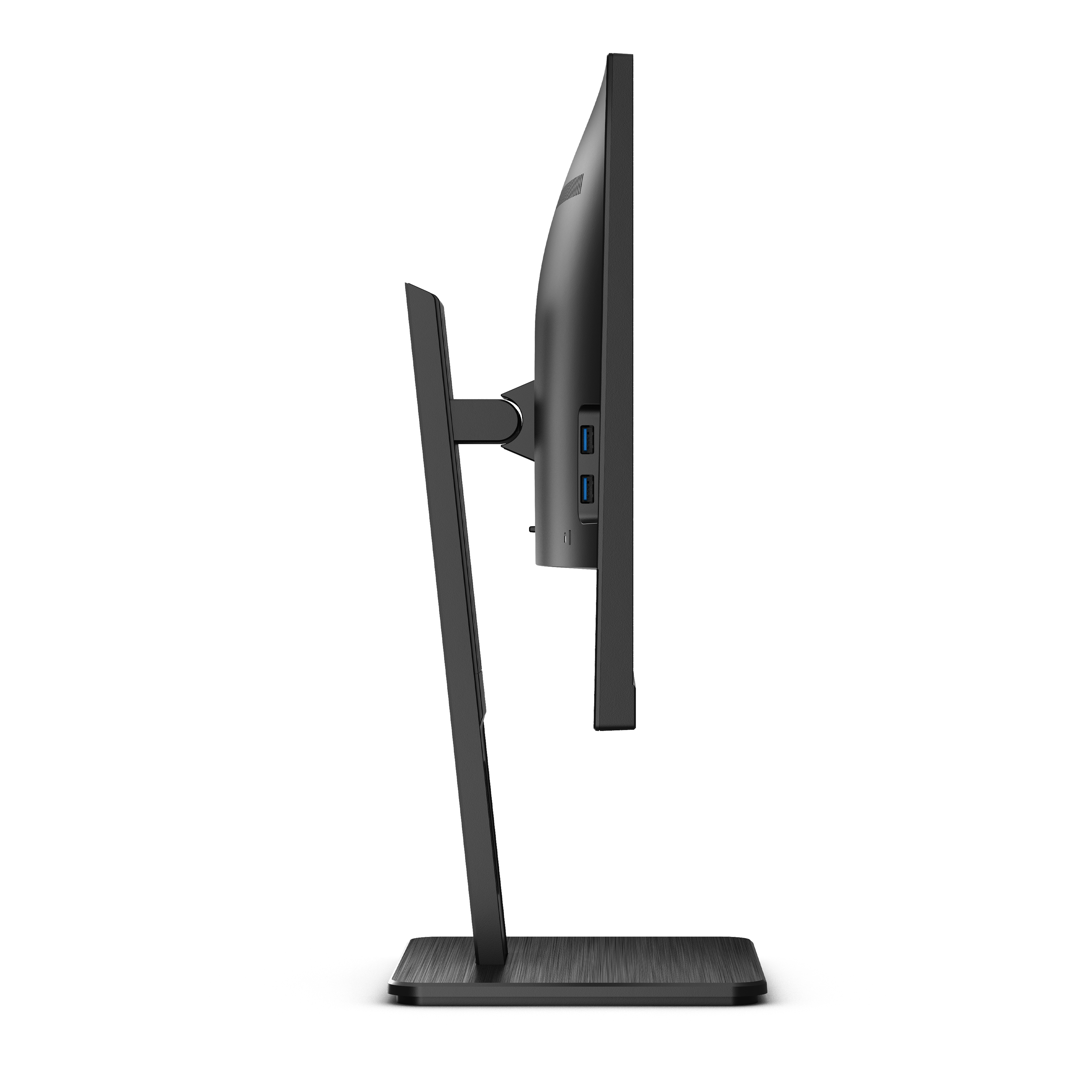 Una vista laterale di un monitor di computer con un supporto nero su sfondo bianco.