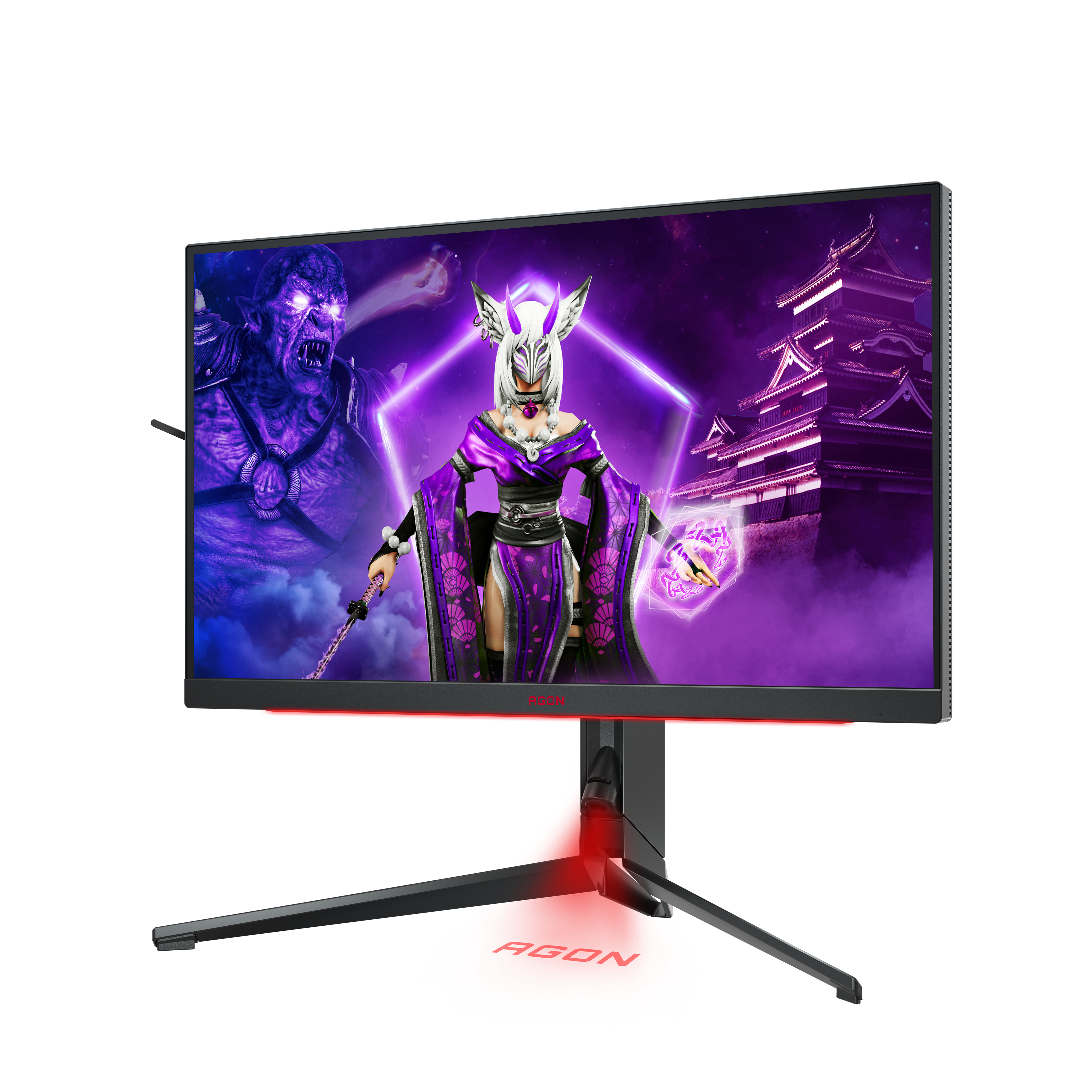 Monitor AGON. Lo schermo mostra un personaggio fantasy con un'arma. Accenti rossi sul supporto.