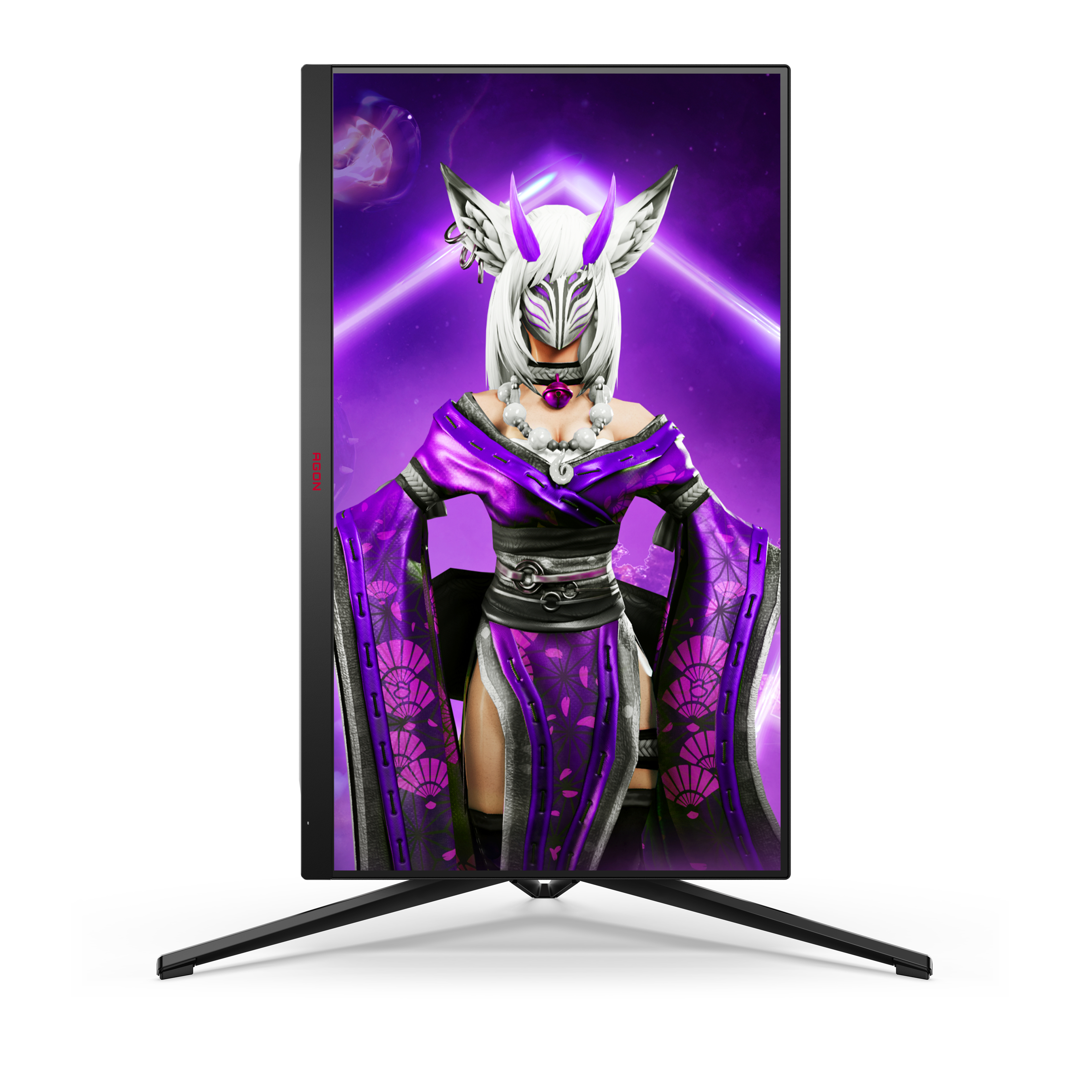 Monitor che mostra un personaggio con un kimono viola. Supporto nero.