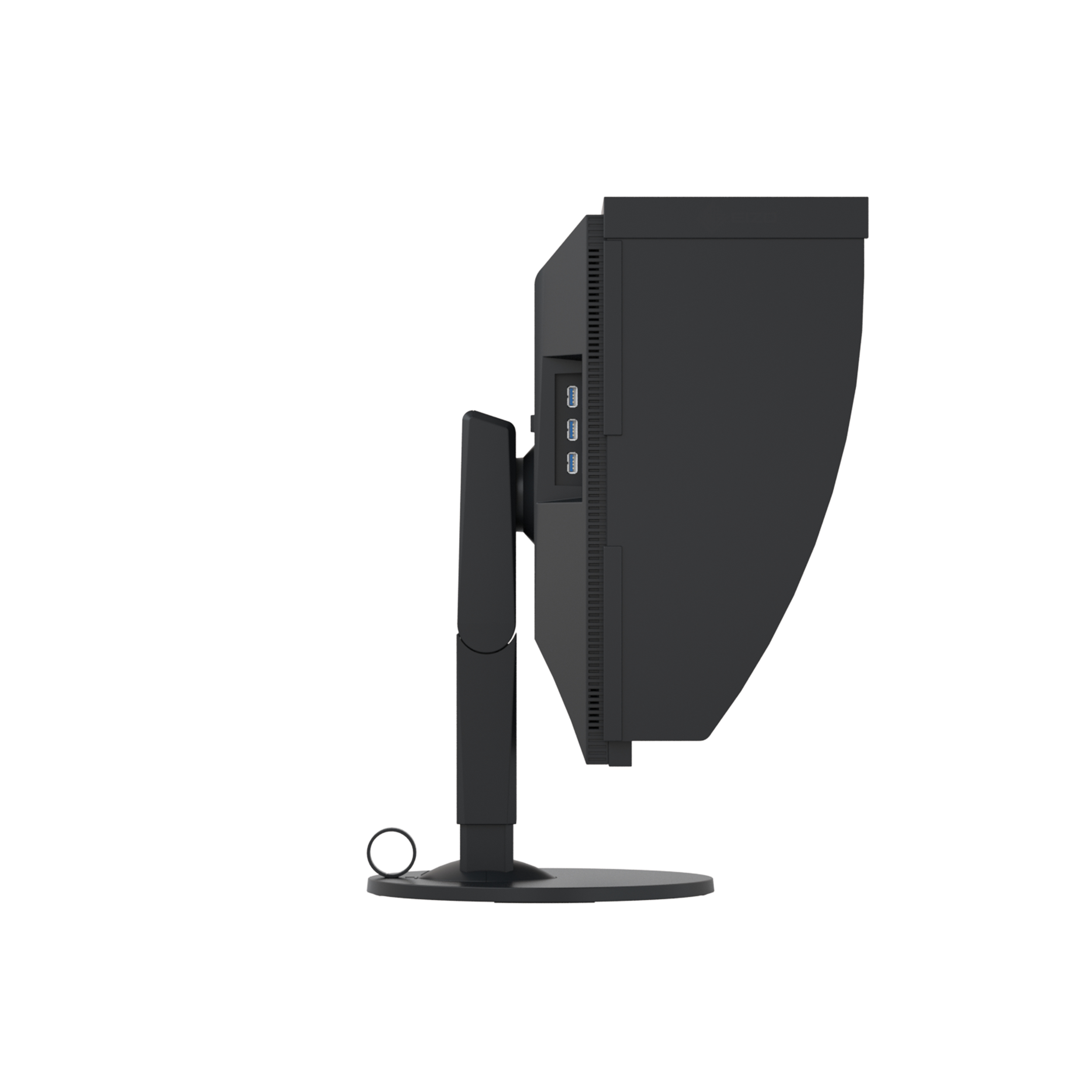 Monitor nero visto di lato, che mostra le porte e un supporto nero.