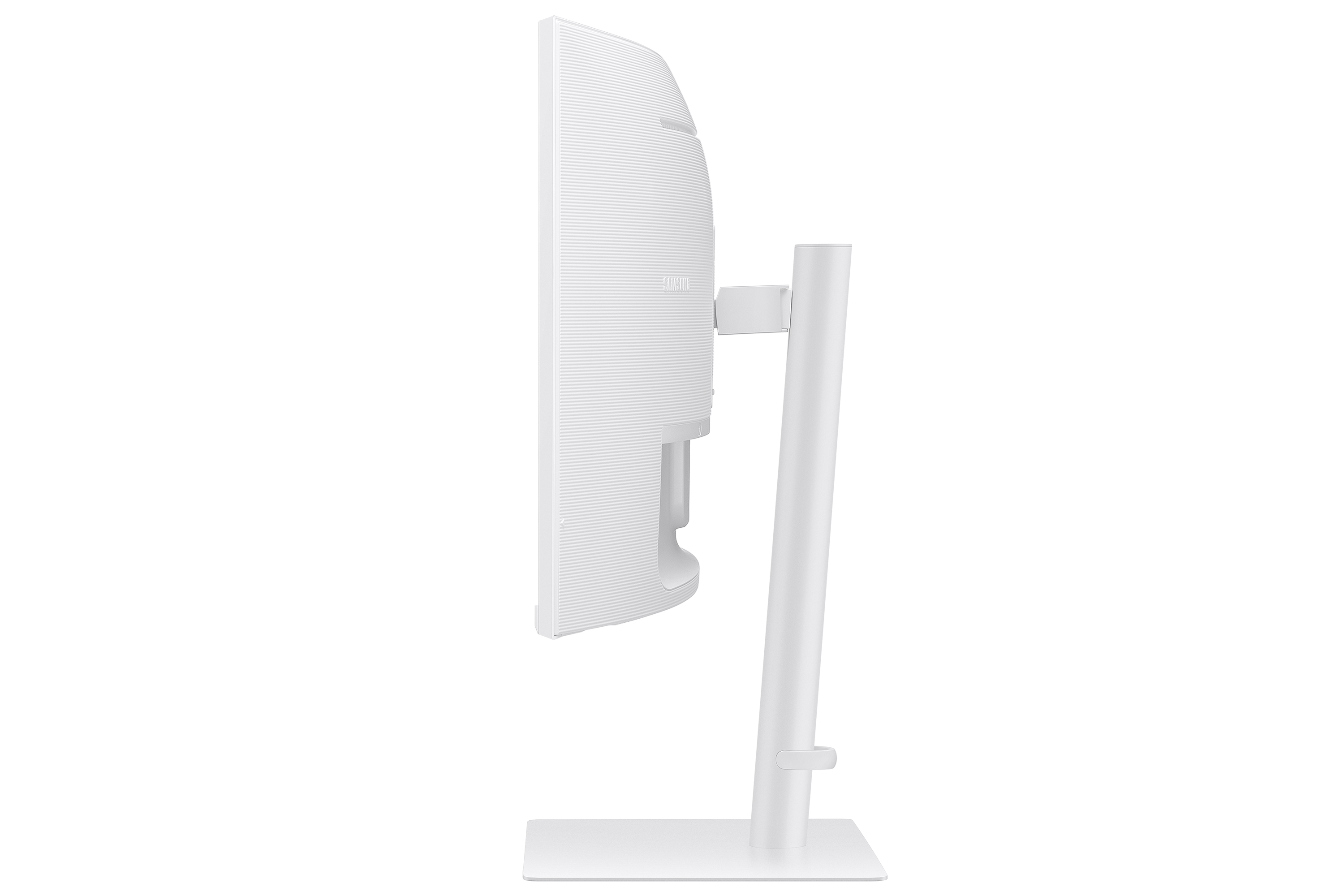 Widok z boku białego monitora, pokazujący zakrzywioną konstrukcję i mocowanie podstawy.