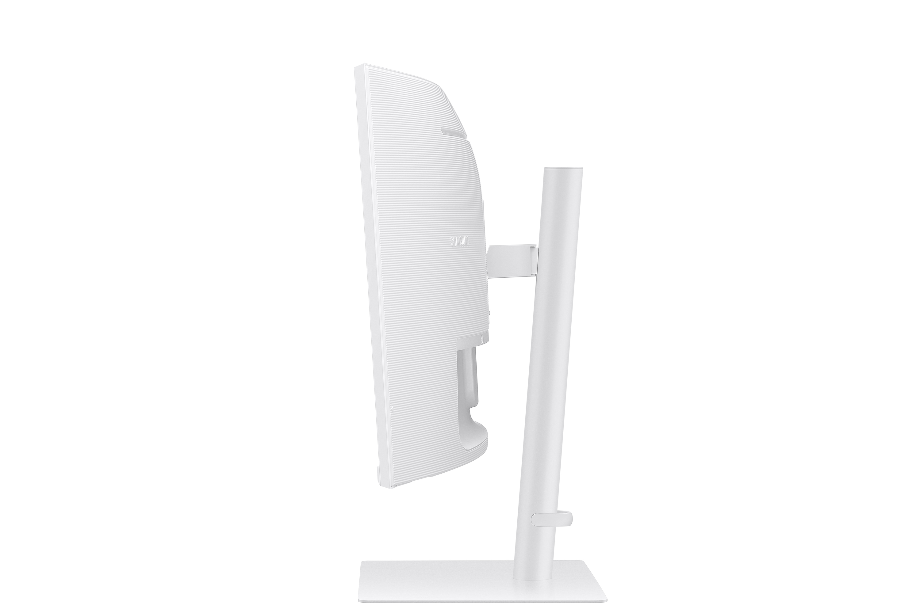 Widok z boku białego, zakrzywionego monitora z podstawą.