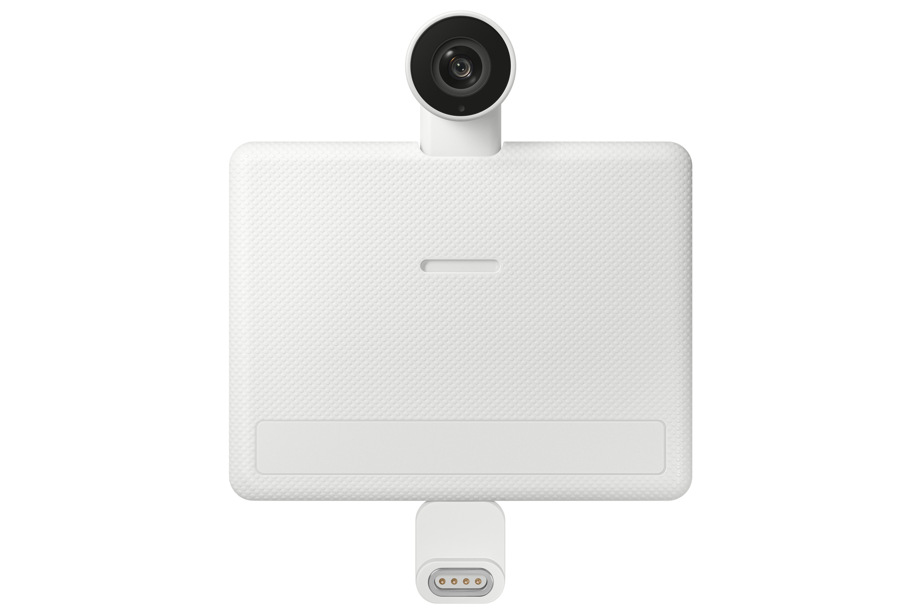 Fotocamera bianca su oggetto rettangolare bianco con connettore.