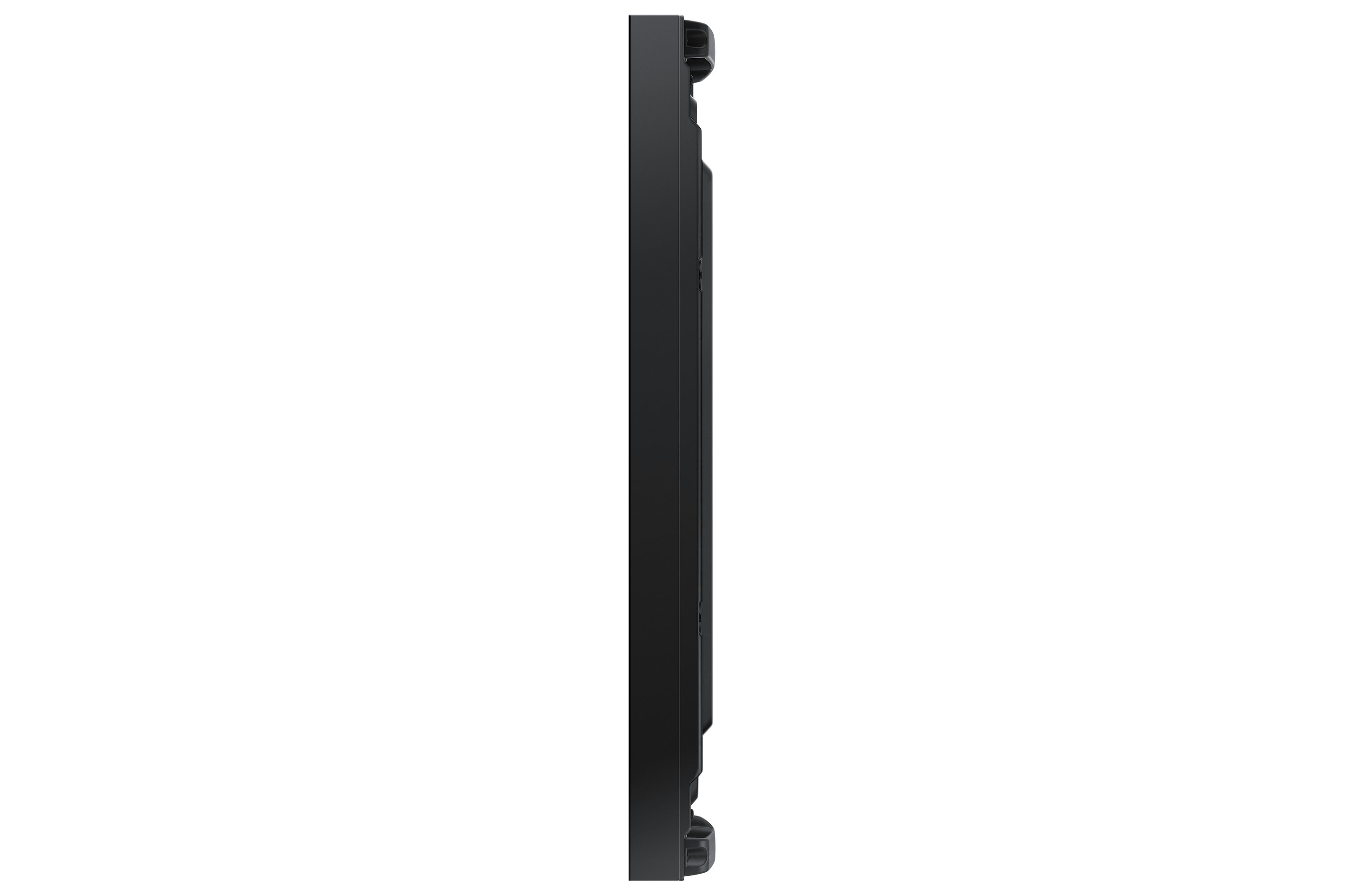 Una vista laterale di una TV nera. La TV ha un profilo sottile e una cornice nera.