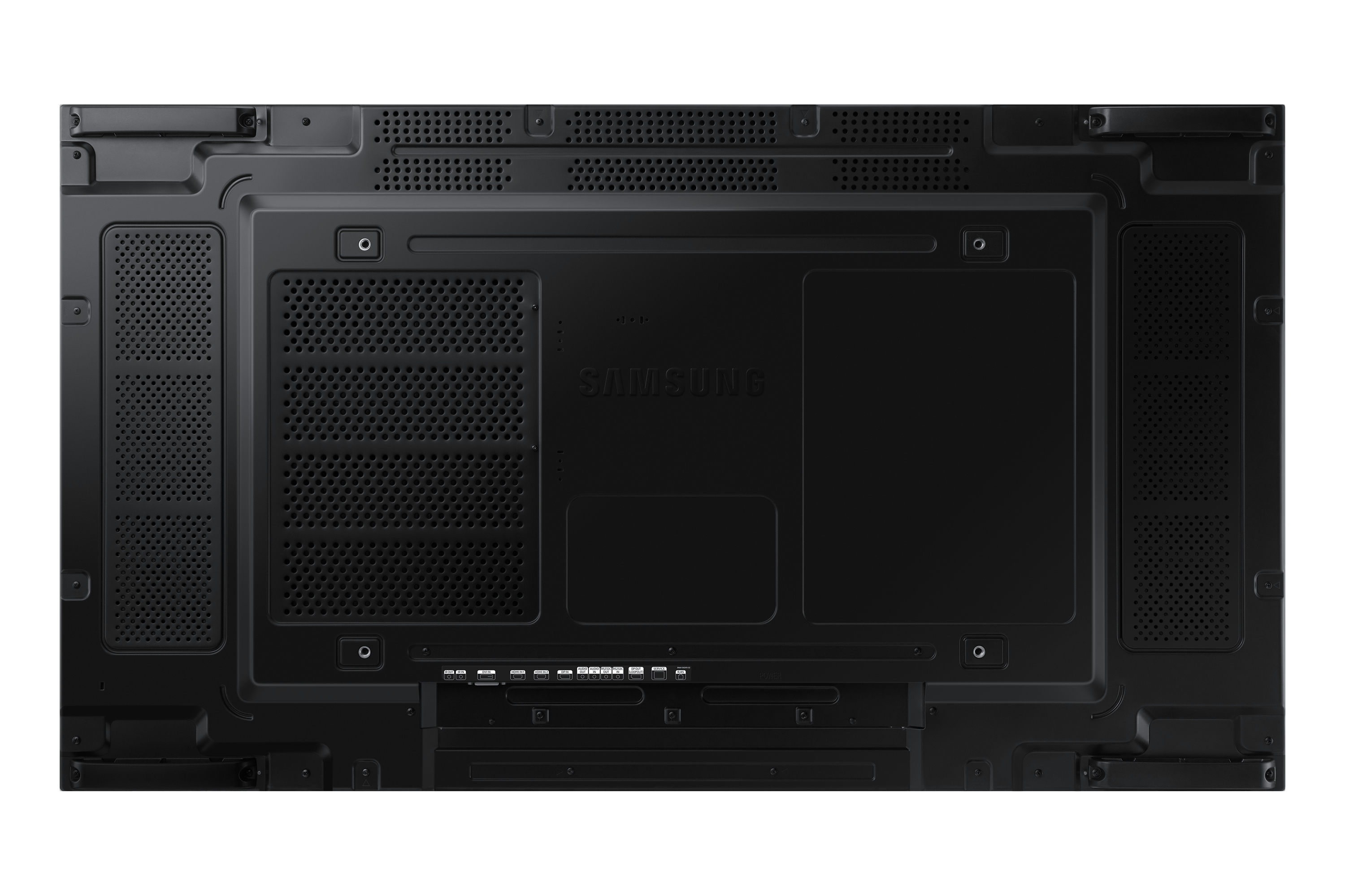 Die Rückseite eines Samsung-Fernsehers mit verschiedenen Anschlüssen und einem gitterartigen Design.