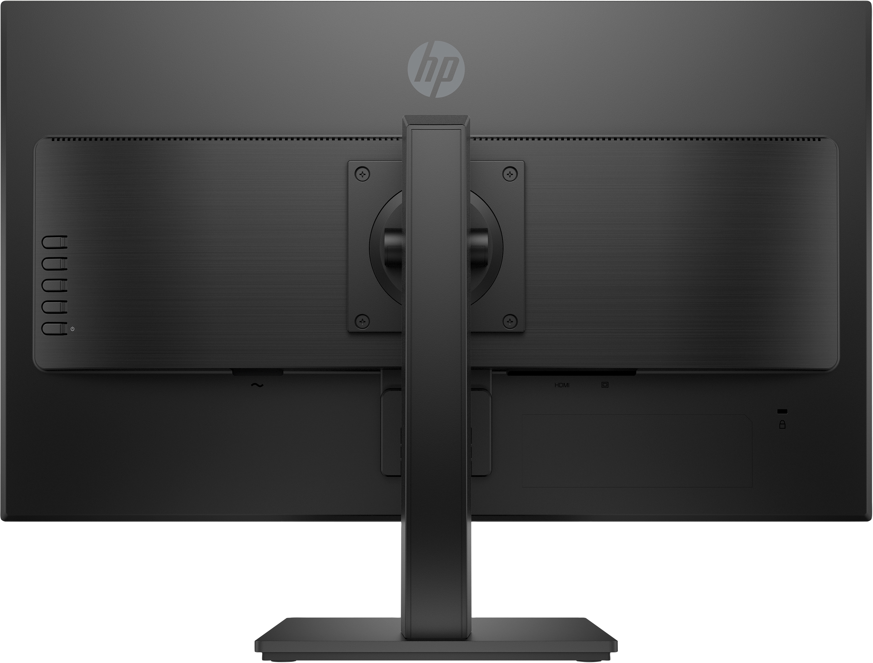Vista posteriore di un monitor HP nero. Porte e supporto sono visibili. Il logo è in alto.