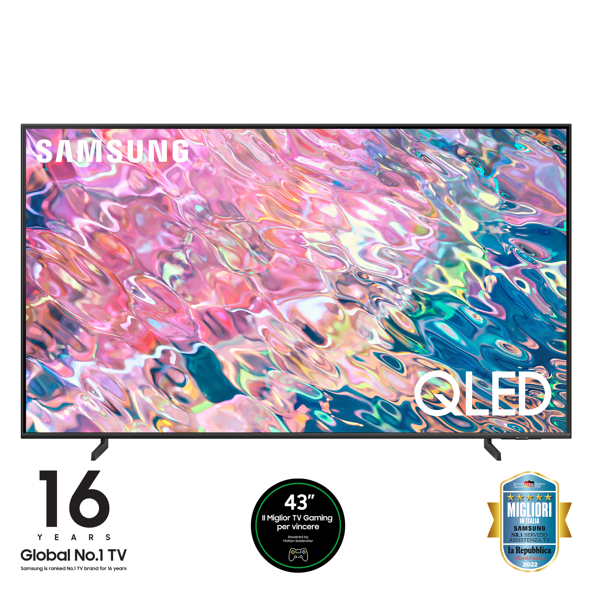 Telewizor Samsung QLED z kolorowym tłem i odznaką '16 lat Global No.1 TV'.