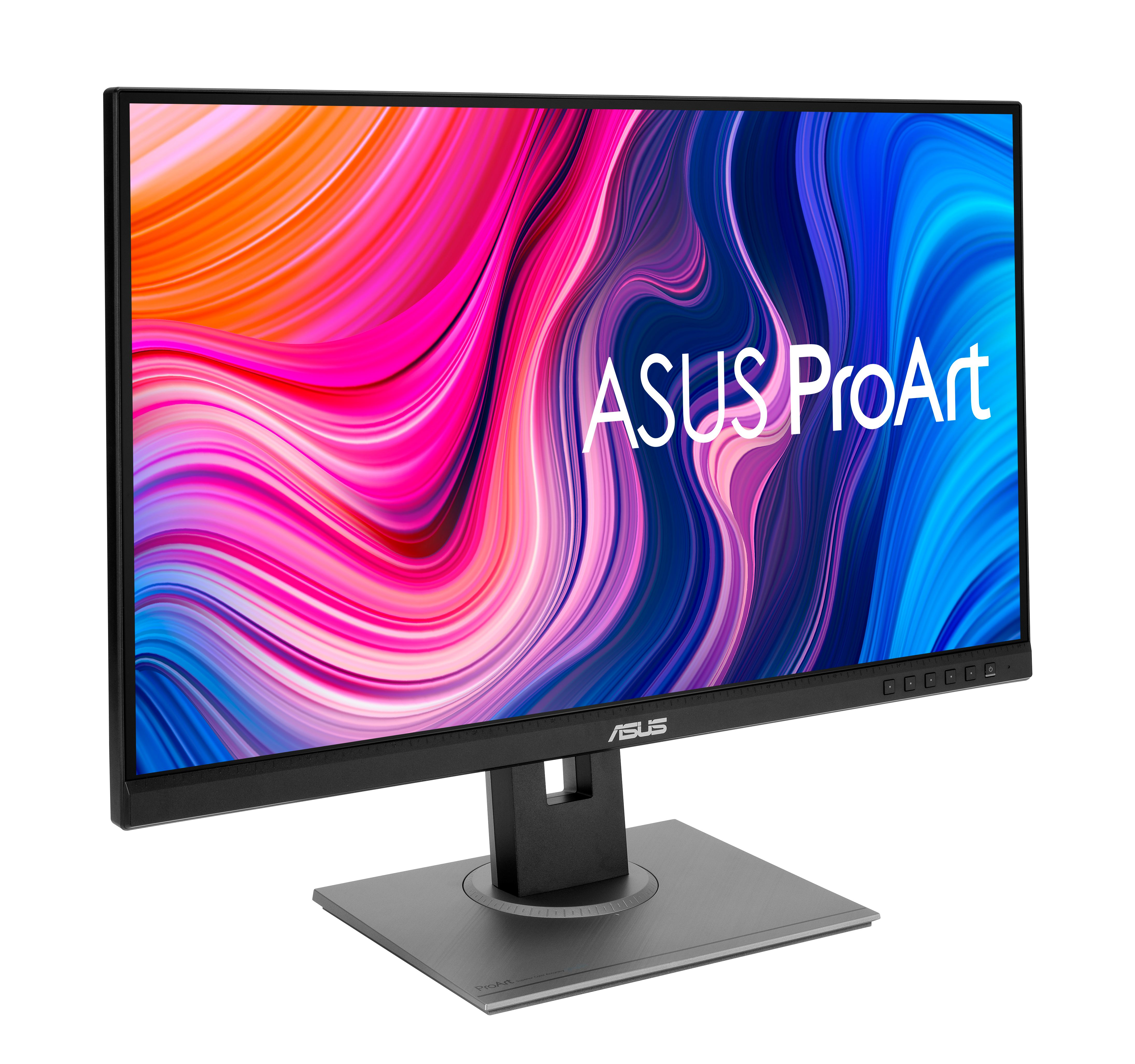 Monitor ASUS ProArt wyświetla kolorowy, abstrakcyjny wzór. Monitor ma kwadratową podstawę i czarny stojak.